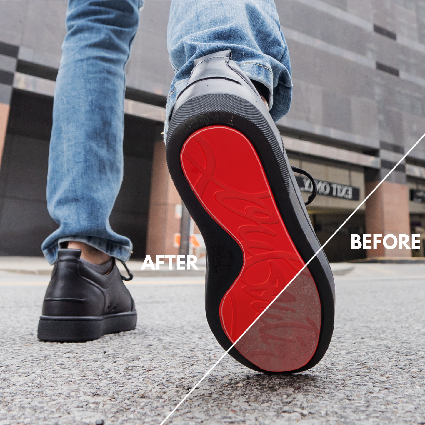 A Christian Louboutin sneaker sole—half clean, half worn—marked "AFTER" and "BEFORE," with a cityscape backdrop, shows how Sole Guard's Sneaker Sole Guard protects red soles.