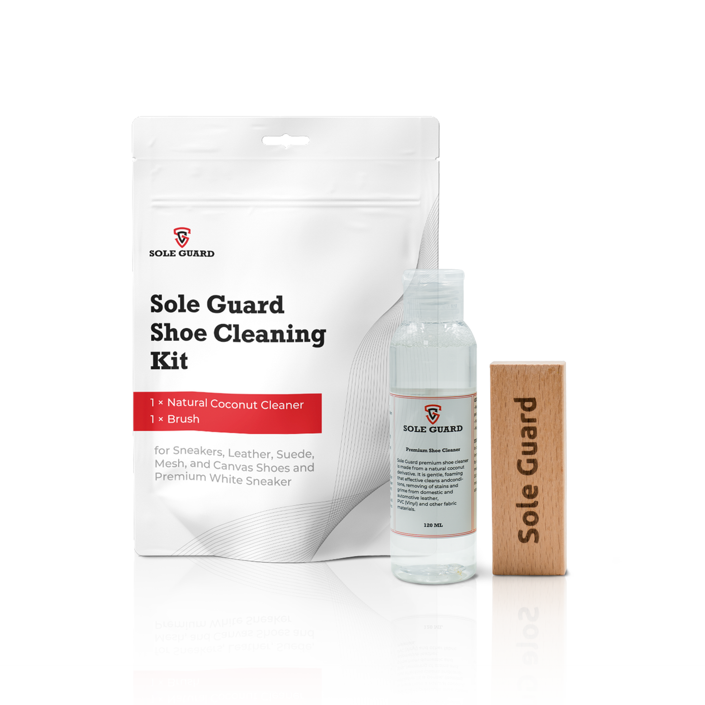 The Shoe Cleaning Kit offers a versatile solution with a coconut-based cleaner, brush, and packaging ideal for sneakers and suede.