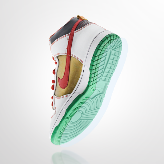 The Nike SB Dunk Sole Guard features a red swoosh, green sole guard, and gold and white panels, displayed from a low angle on a white background.