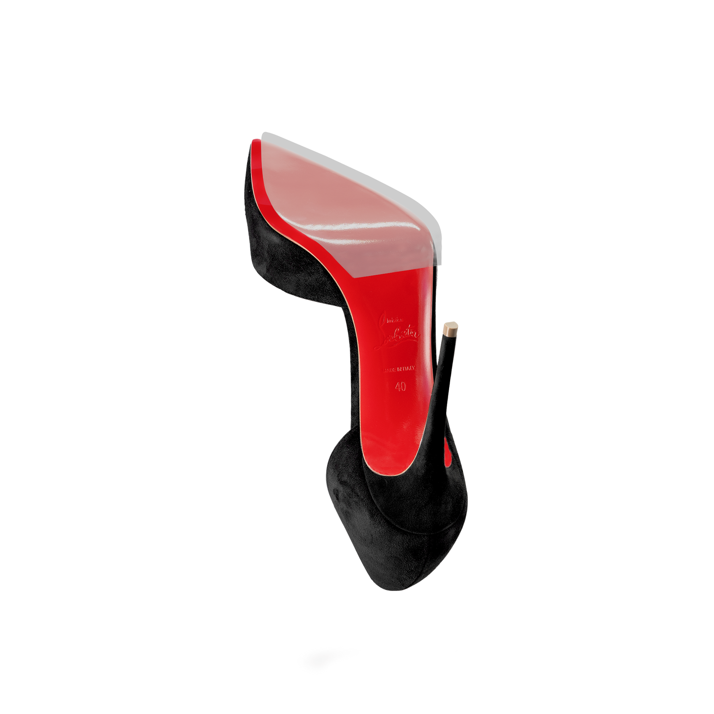 The black high-heeled Christian Louboutin Miss Z Sole Guard 3x Pack showcases a distinctive red sole from the bottom, featuring ultra-durable vinyl polymer for longevity.