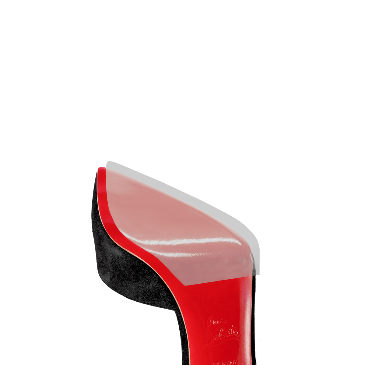 Close-up of a Christian Louboutin Miss Z Sole Guard 3x Pack in black, showcasing its iconic shiny red sole.