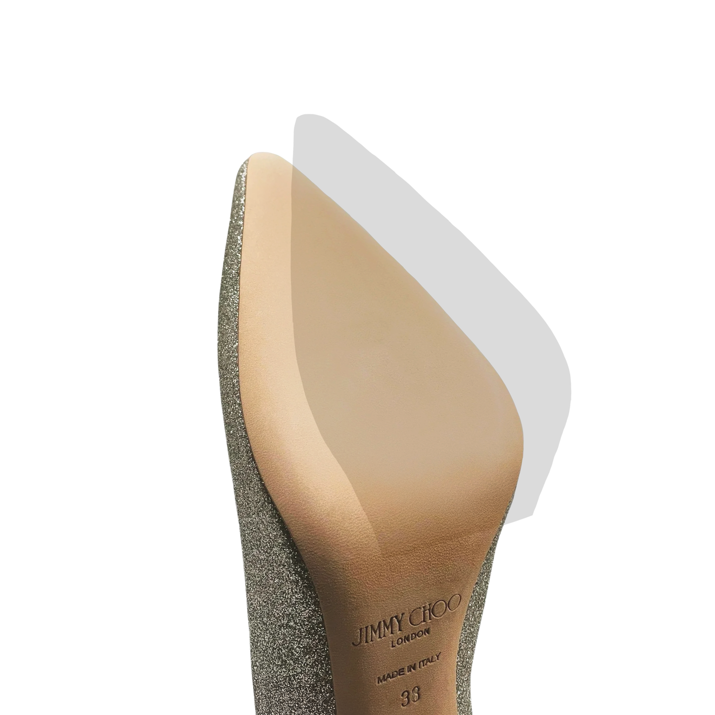 The Jimmy Choo Sole Guard 3 Pack complements the silver glitter pointed-toe high heel, featuring a beige outsole enhanced for added durability.