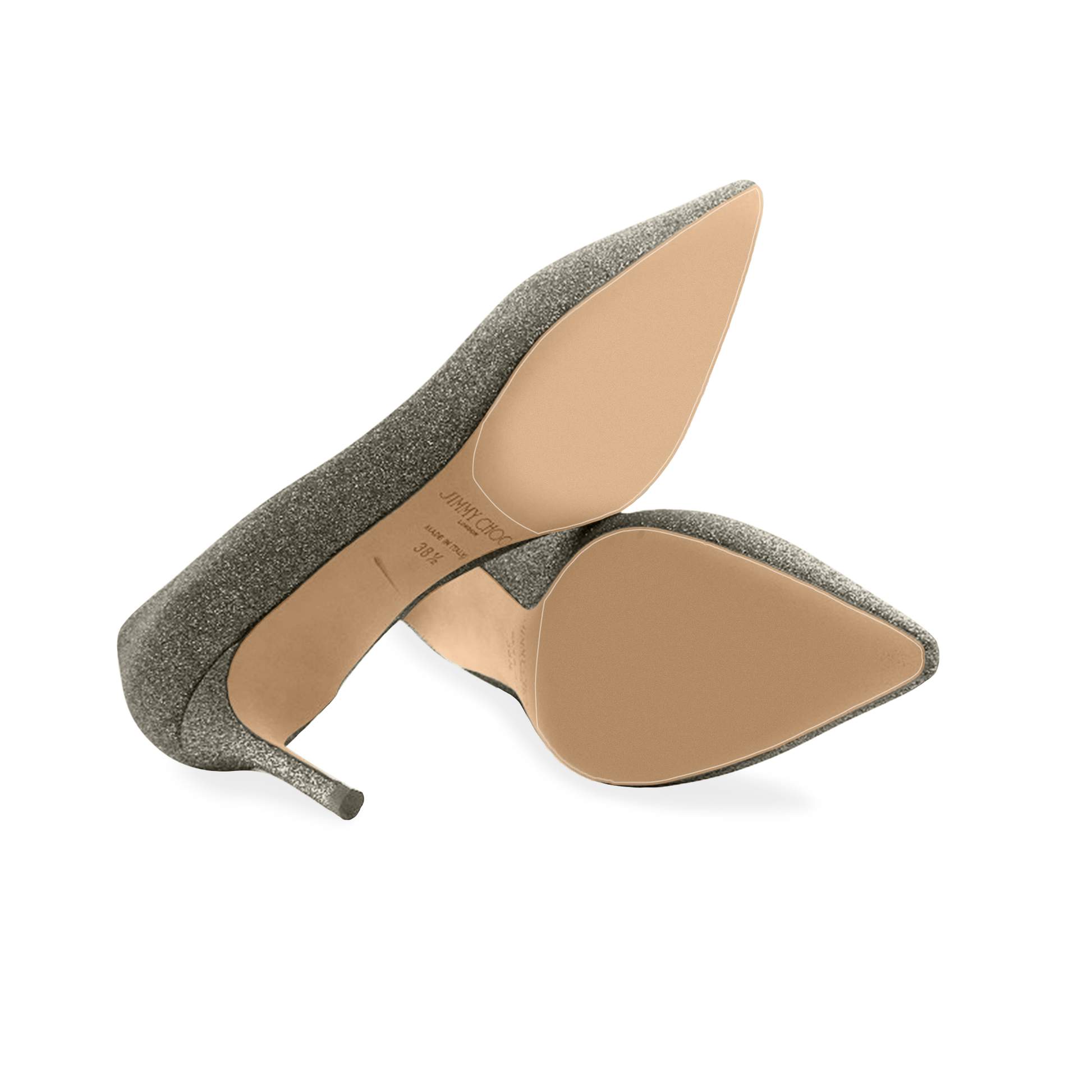 Jimmy Choo Sole Guard 3 Pack features sleek vinyl polymer high-heeled shoes with sparkly pointed toes and beige soles, set against a white background.