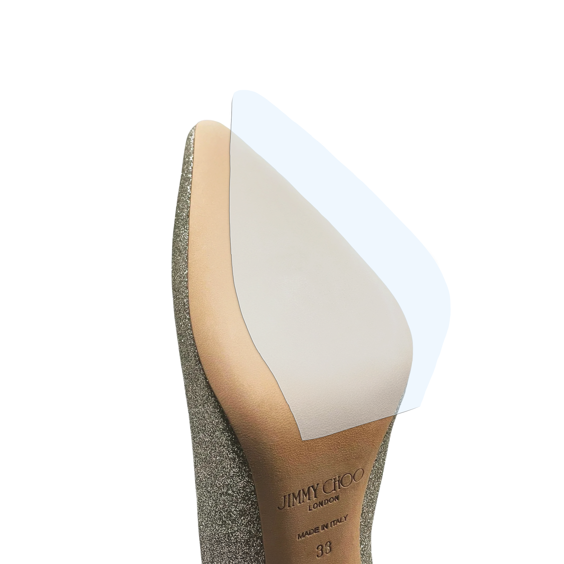 The Jimmy Choo Sole Guard 3 Pack by Sole Guard offers discreet, clear vinyl polymer heel shields for gold glittery high heels, protecting your shoes without sacrificing style. The "Jimmy Choo London" logo stays visible on the insole.