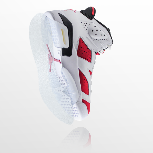 The Jordan 6 Traction Sole Guard 3 Pack by Sole Guard is shown protecting a white and red athletic sneaker with a translucent sole, photographed against a clean white background.