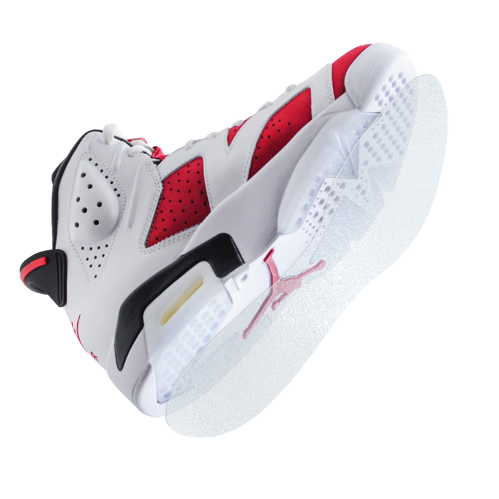 Shown from a low angle, the white, red, and black athletic sneaker features a translucent sole protected by the Sole Guard Jordan 6 Traction Sole Guard 3 Pack.