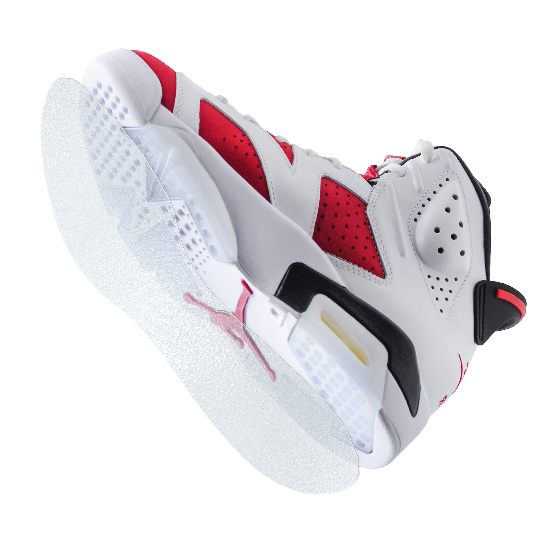 The Sole Guard Jordan 6 Traction Sole Guard 3 Pack features white, red, and black basketball sneakers with translucent soles and side details, plus a traction sole guard for protection.