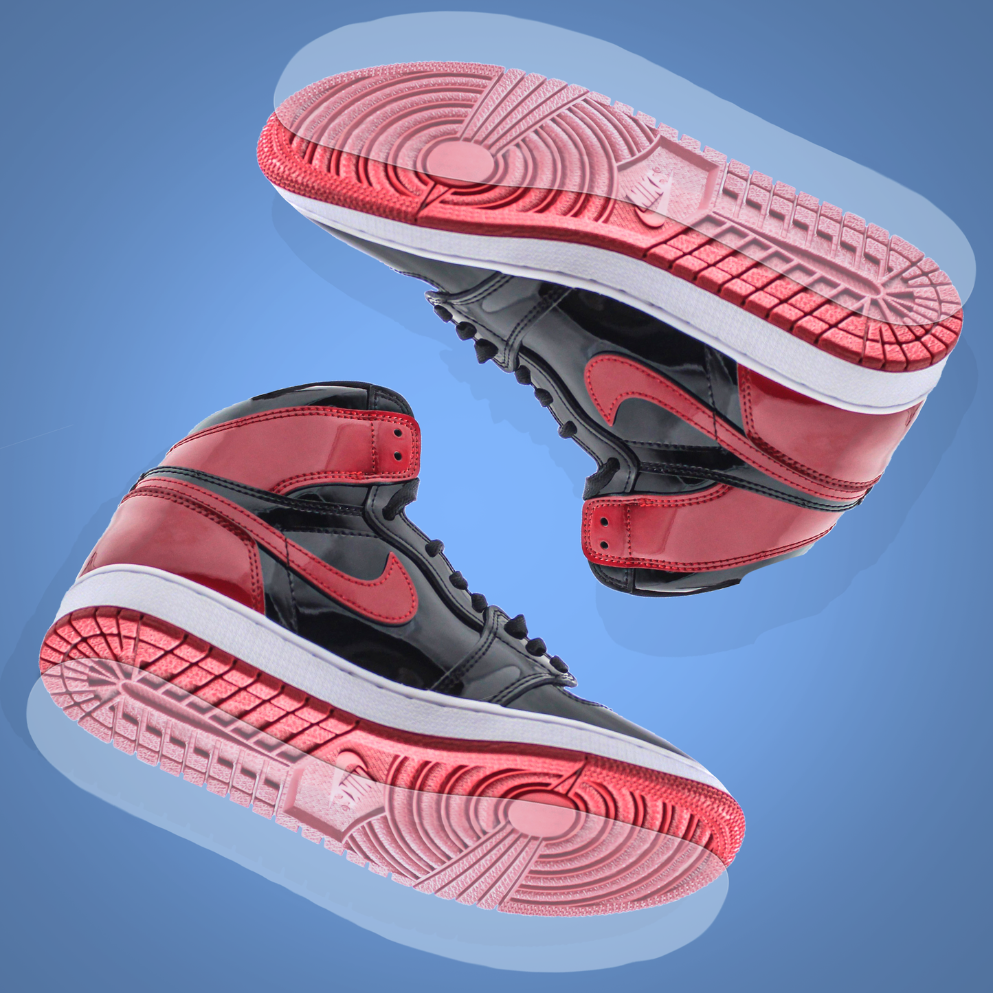 Two black and red Jordan 1 high-top sneakers with pink soles are protected by the Jordan 1 Sole Guard and displayed on a blue background.