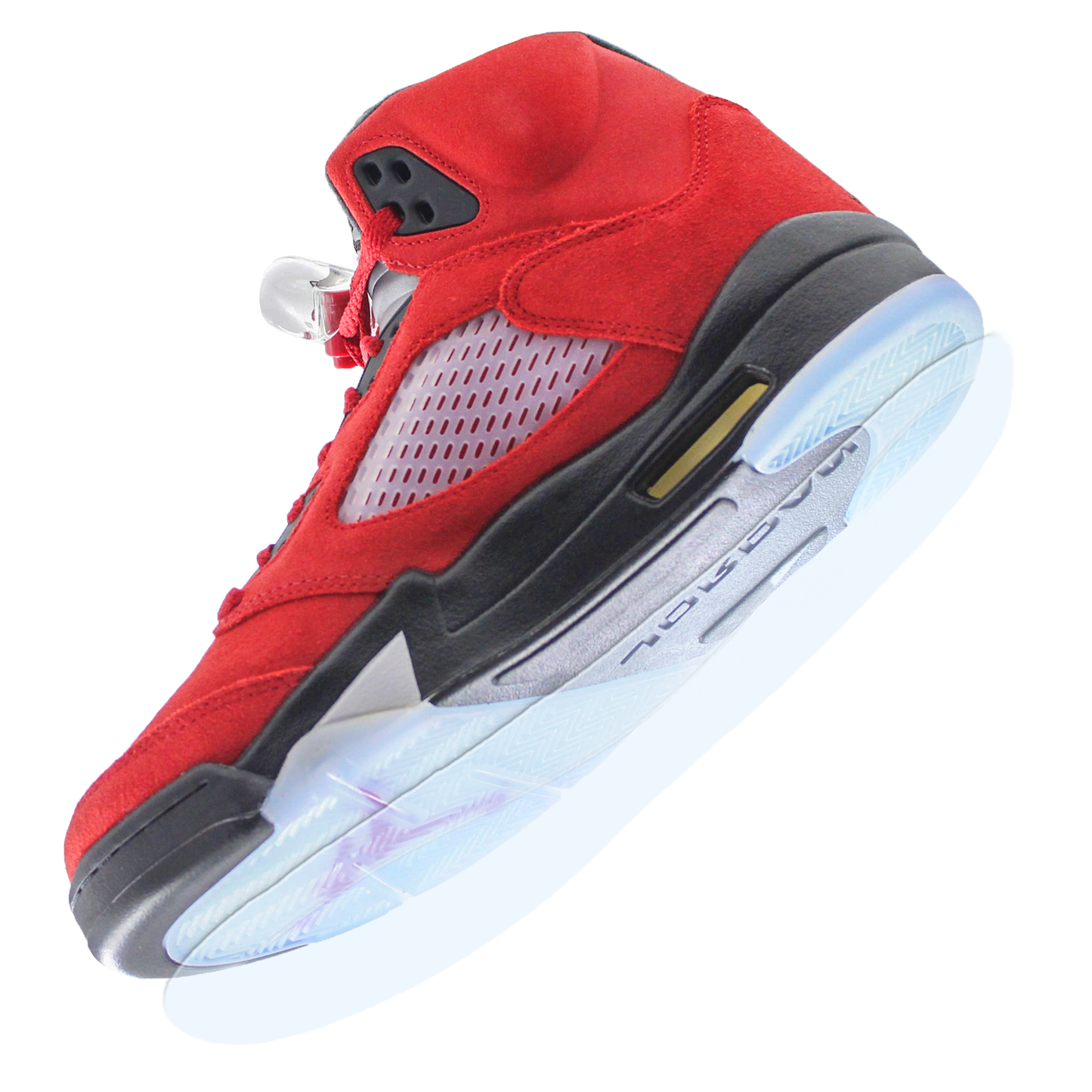 A red high-top athletic sneaker with a black sole and translucent accents, seen from below at an angle, featuring the durable Jordan 5 Sole Guard for superior sneaker protection.