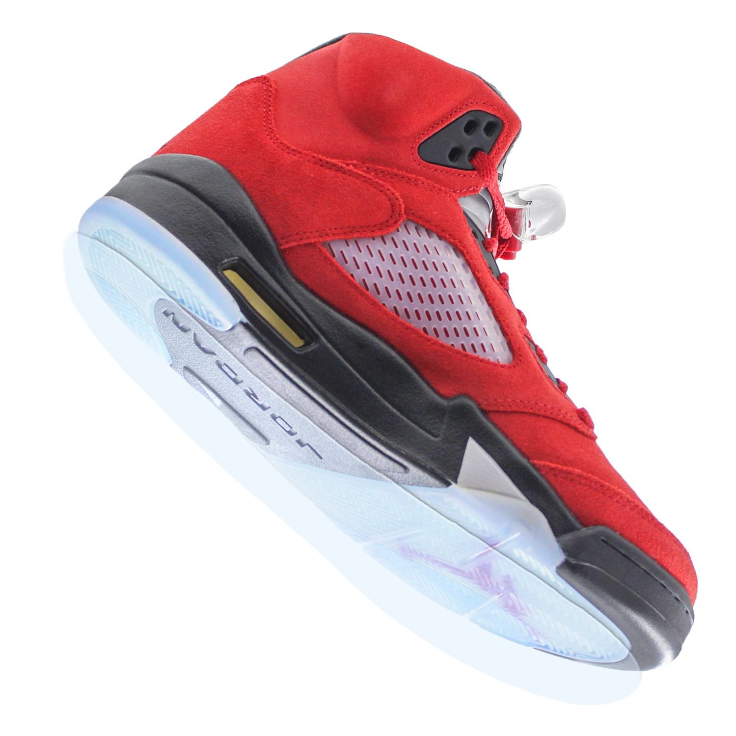 Red and black Air Jordan sneaker with a translucent sole, seen from the side and slightly below, featuring a Jordan 5 Sole Guard for added sneaker protection.