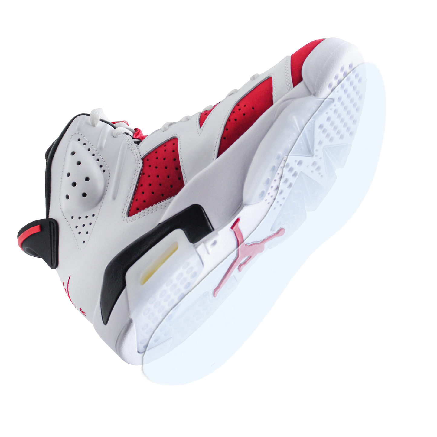 The Jordan 6 Sole Guard 3 Pack is displayed from a low angle, showing white, red, and black colors and emphasizing the durable Sole Guard feature for long-lasting wear.