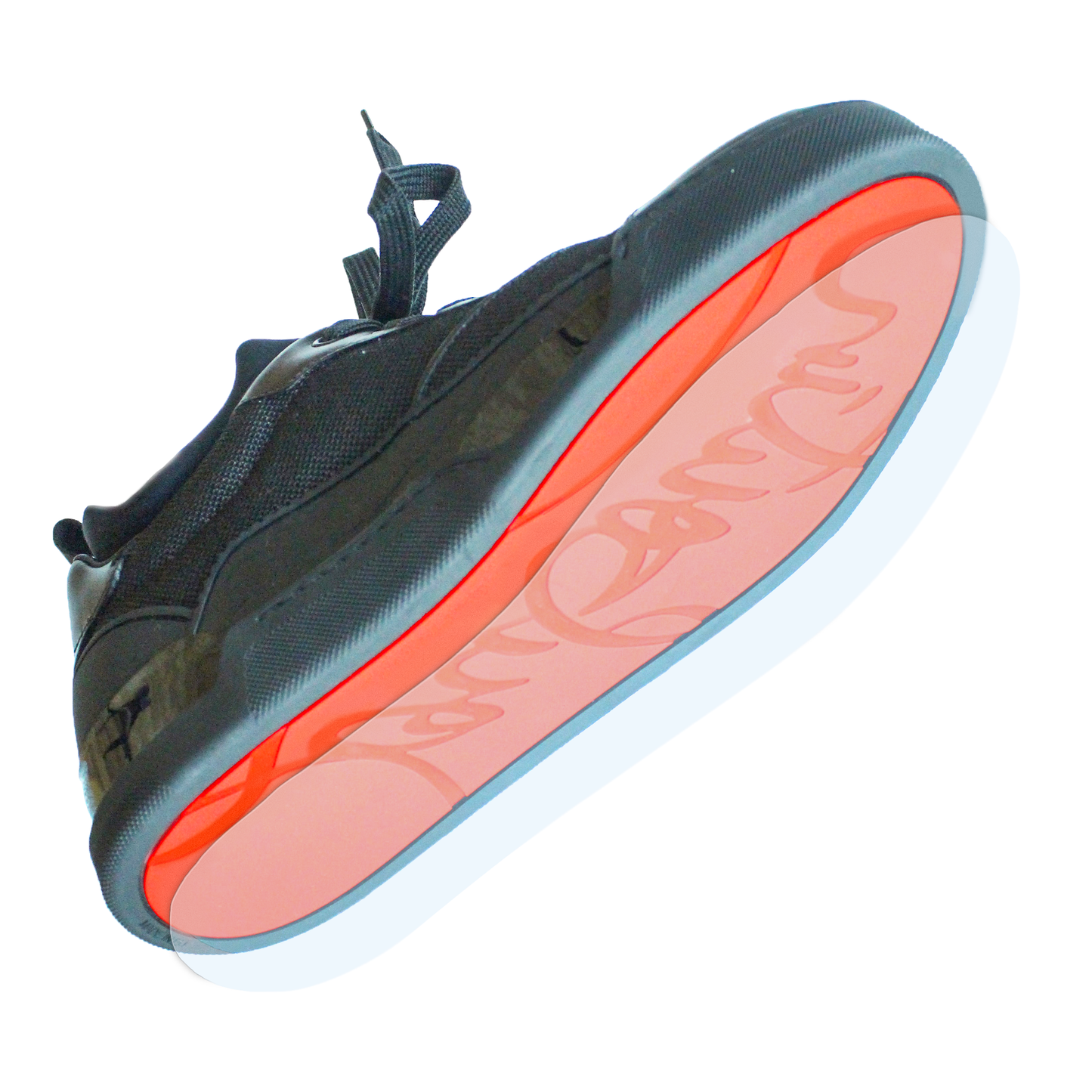 The Louboutin Sneaker Aurelien Rankick Sole Guard in black features a translucent red sole with abstract writing underneath, blending standout style and durable vinyl polymer protection.