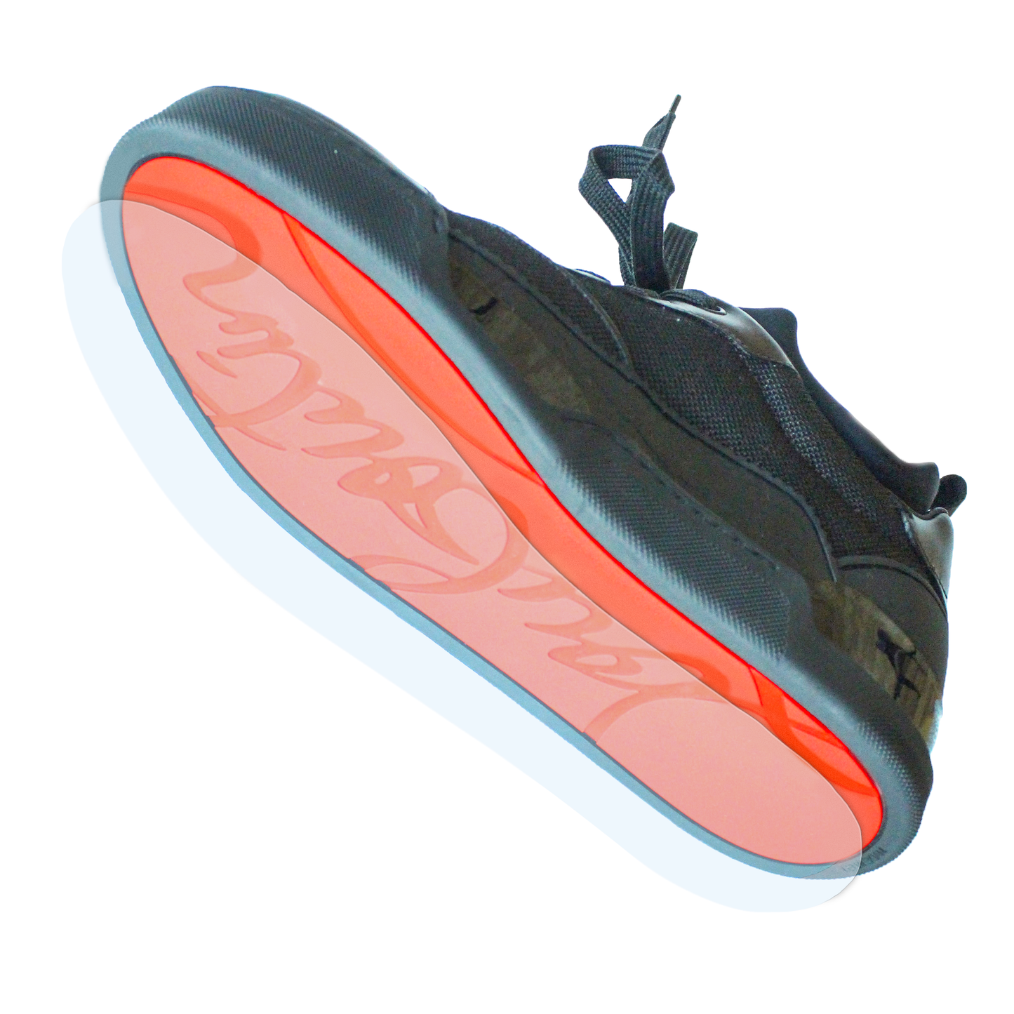The Louboutin Sneaker Aurelien Rankick Sole Guard features a black design with a bright red sole and cursive text reflected underneath, inspired by the iconic Aurelien style.