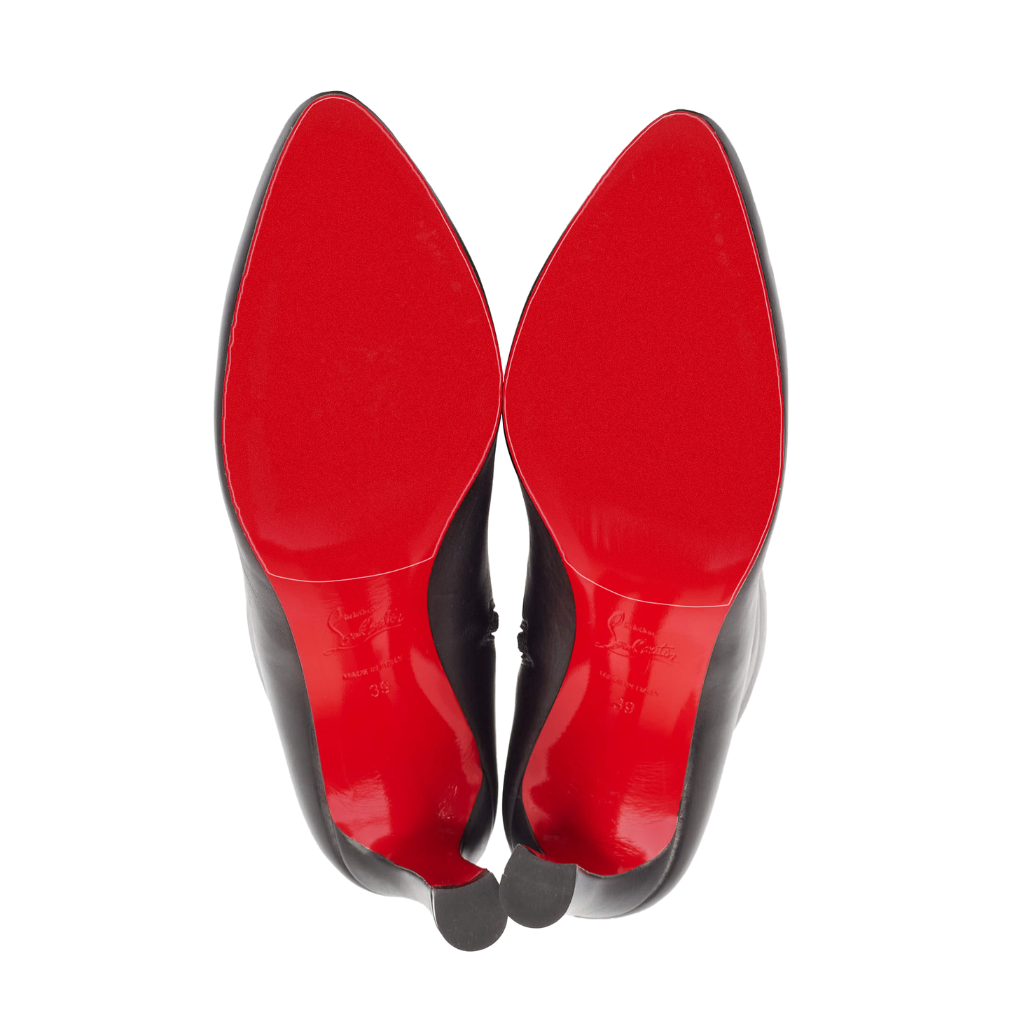 A pair of black high-heeled shoes featuring striking red soles, similar to the iconic Christian Louboutin Eleonor Boots Sole Guard 3x Pack, viewed from the bottom.