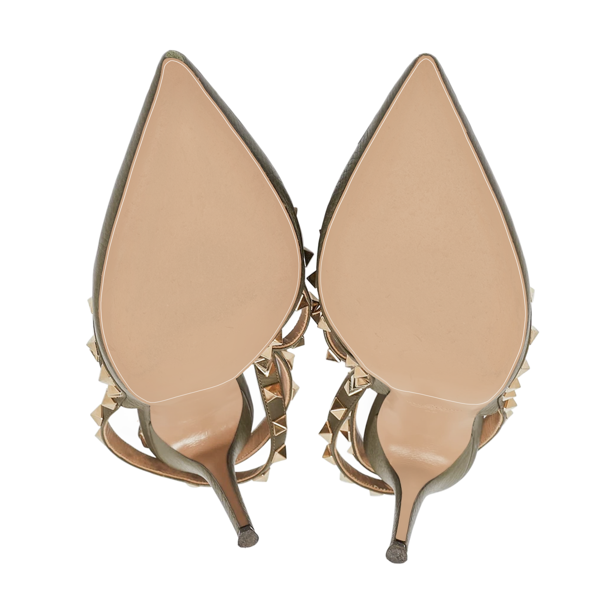 Valentino heels from the Sole Guard 3 Pack feature a custom-fit design with metallic spikes along the edges and showcase their beige undersides when viewed from the sole side.