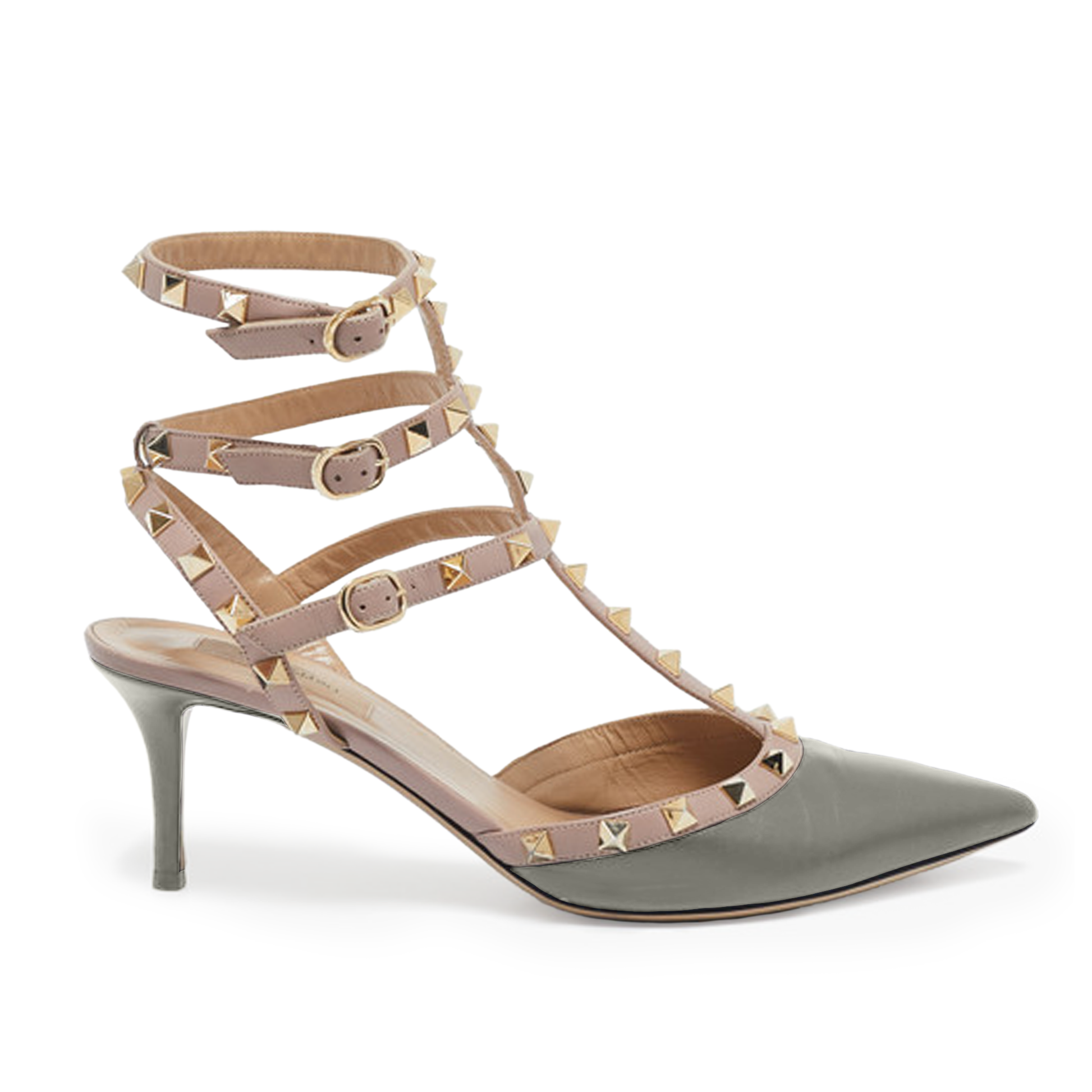 Chic gray pointed-toe high-heeled shoe with a strappy design and gold studs, reminiscent of iconic Valentino Sole Guard 3 Pack heels.
