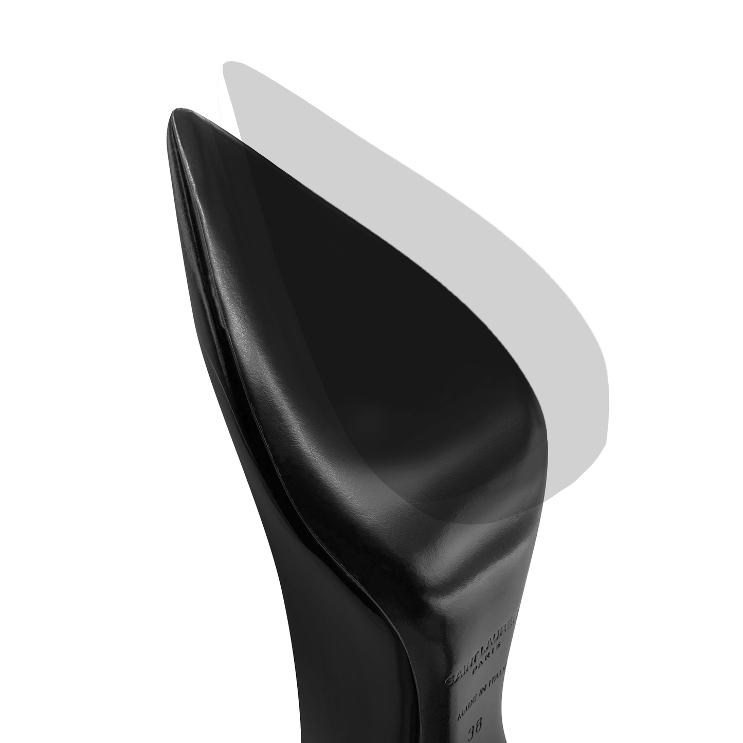 A shiny black high-heeled shoe with a transparent overlay in the background, enhanced by the YSL Sole Guard 3 Pack for added protection.