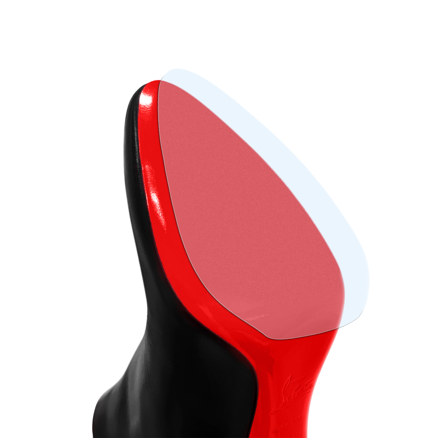 Close-up of a black Christian Louboutin pointed toe boot's red sole, protected by a Sole Guard clear sole guard from the 3x pack.