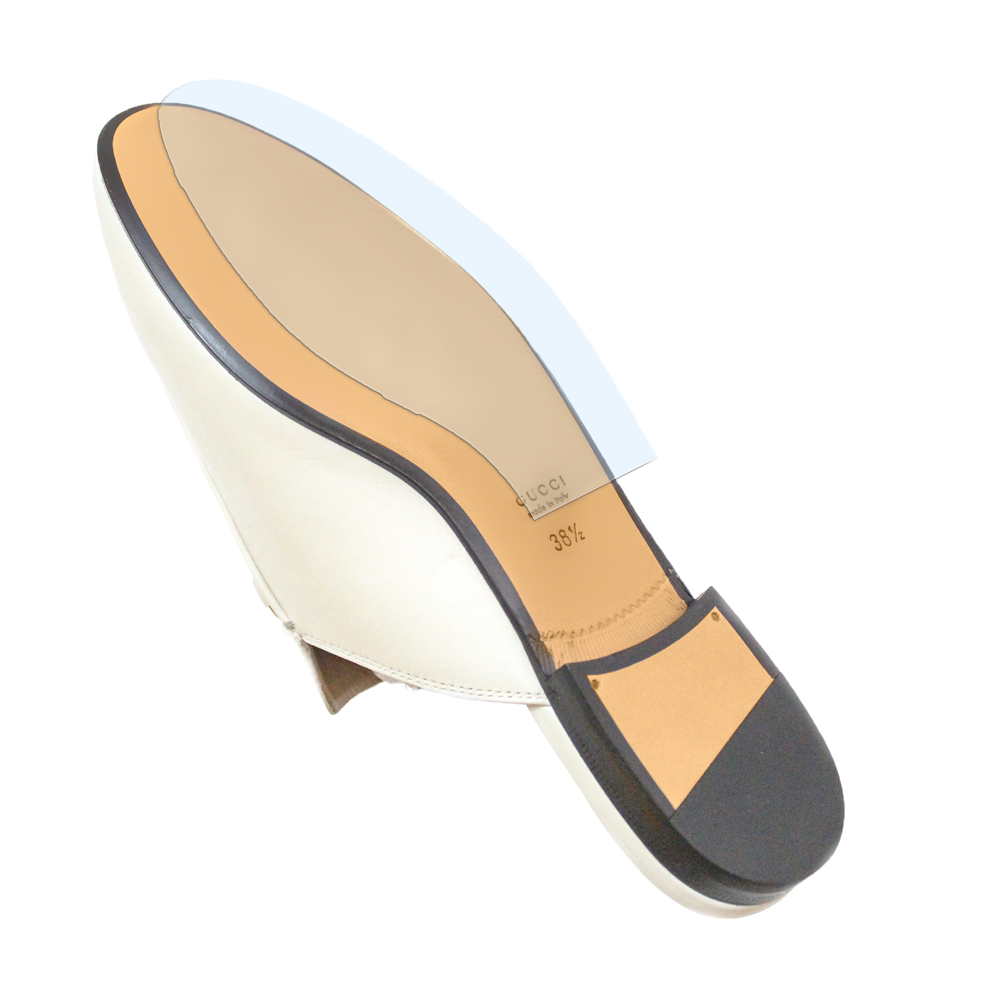 The Gucci Princetown Sole Guard 3 Pack by Sole Guard protects your white heeled shoe’s beige sole, black heel, and light blue toe overlay with a durable, invisible vinyl polymer for lasting wear.