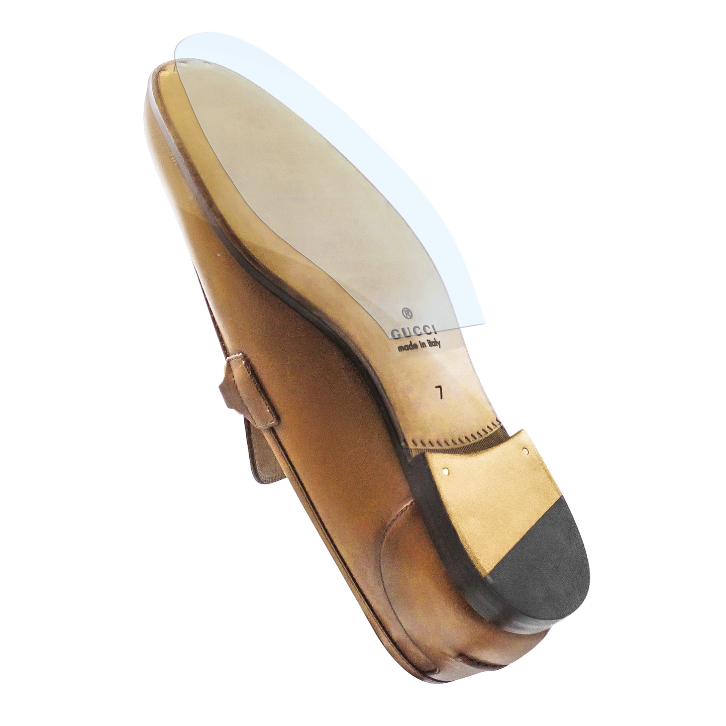 Bottom view of a brown Gucci dress shoe with leather sole and heel showing logo and size—perfect for adding the Sole Guard Gucci Loafers Sole Guard by Sole Guard for discreet, extra leather sole protection.