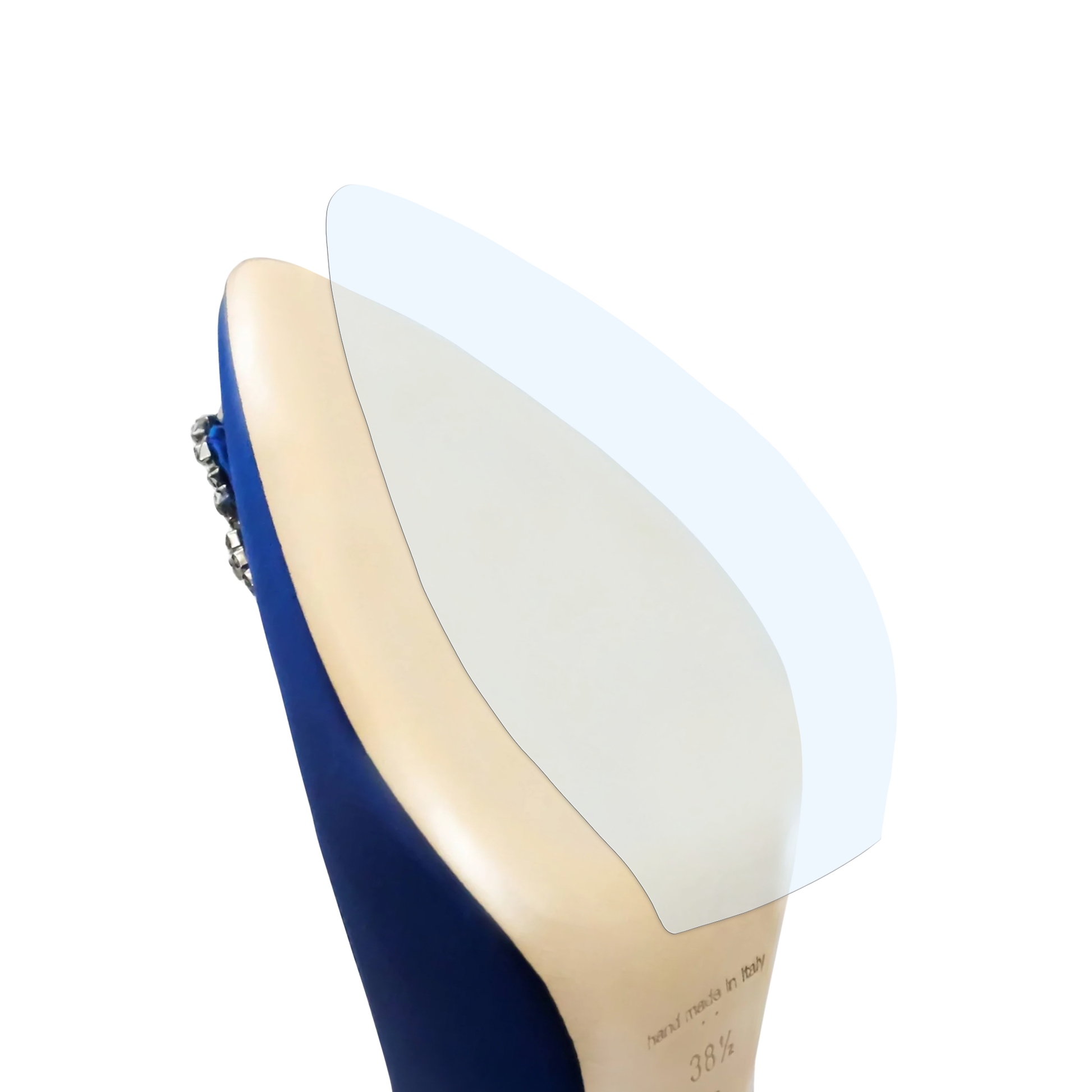 The Sole Guard Manolo Blahnik Sole Guard 3 Pack features transparent gel pads placed on the soles of high-heeled blue shoes to help preserve them.