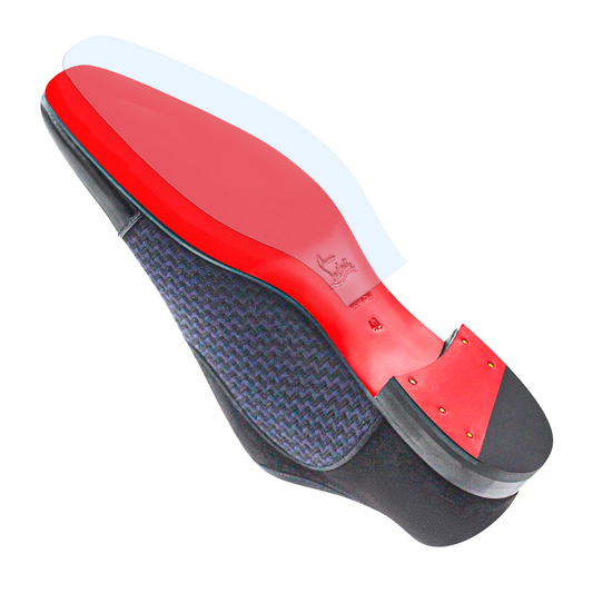 A close-up of a Christian Louboutin Oxfords Sole Guard by Sole Guard shows the iconic red-bottom, black heel, textured carbon fiber midsection, and sleek red sole protection.
