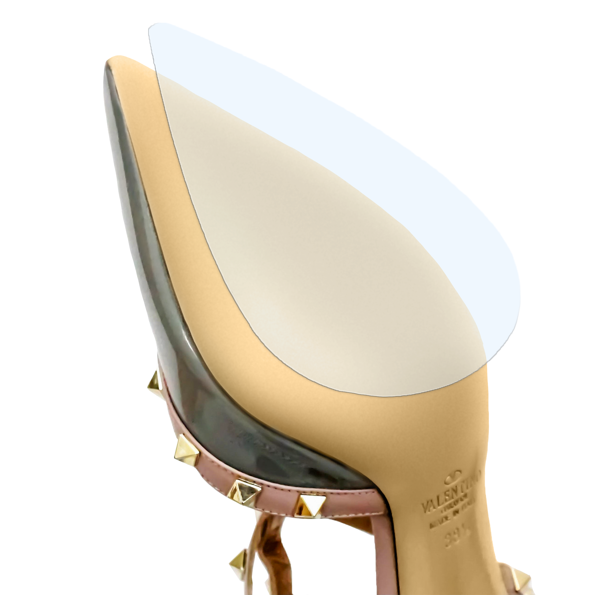 The Sole Guard Valentino Sole Guard 3 Pack by Sole Guard features custom-fit shoe guards, a transparent gel pad insert at the heel, and gold stud detailing for added comfort and style in your high-heeled shoes.
