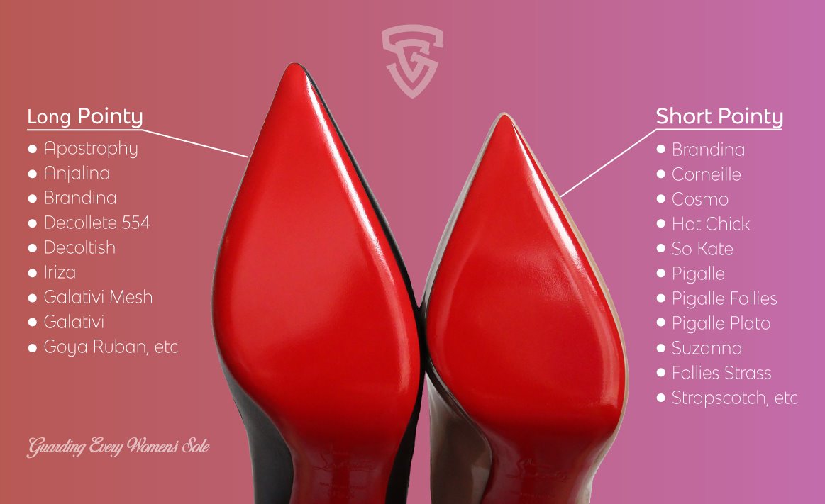 A chic display contrasts long and short pointed high heels, including the iconic Christian Louboutin collection, on a pink background. Each style offers optional Christian Louboutin Sole Guard 6 Pack to maintain elegance over time.