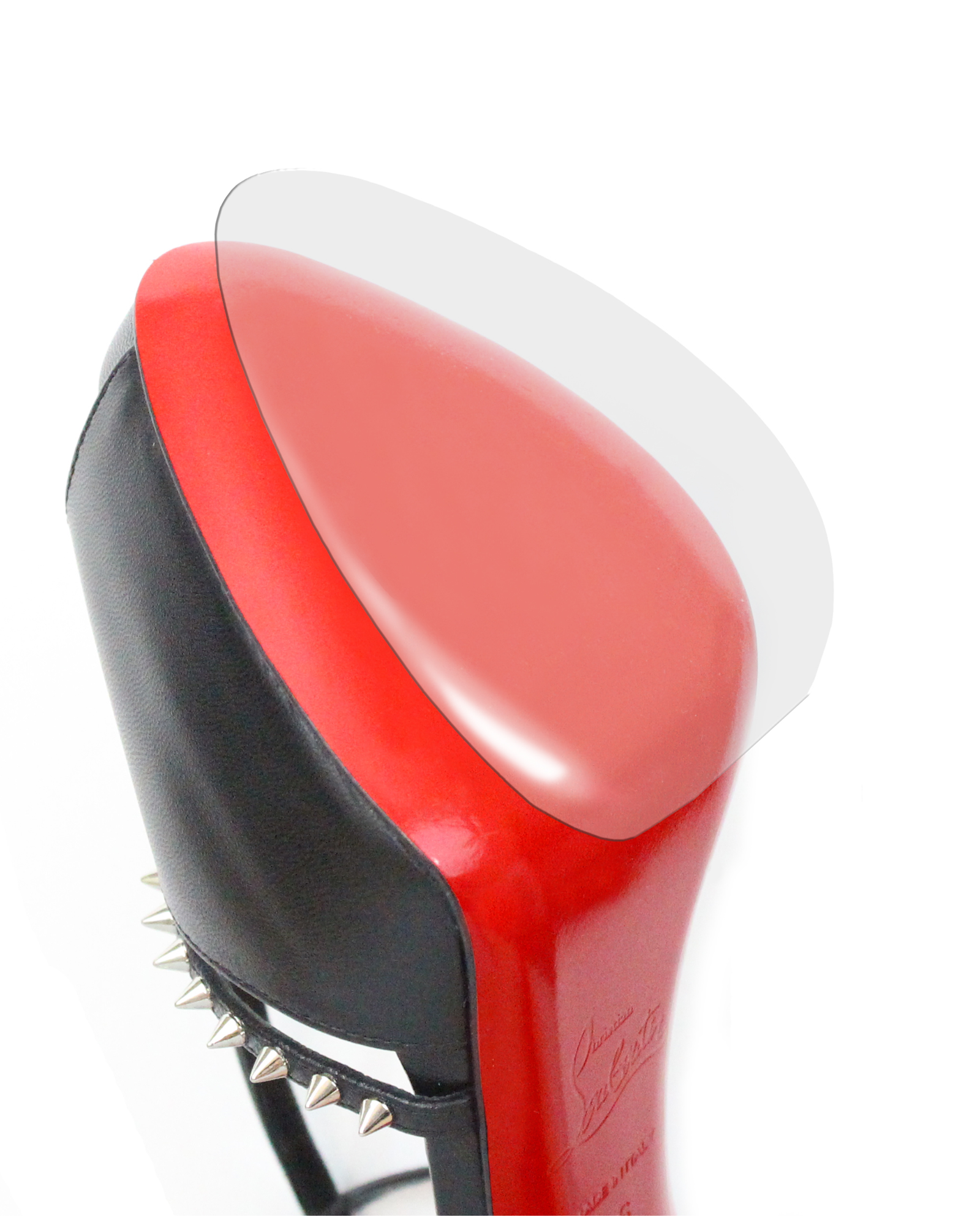 The Christian Louboutin Sole Guard 6 Pack provides a durable transparent gel vinyl polymer protector for elegant red-soled high heels with black spikes, echoing the iconic Louboutin designs and ensuring that every step remains stylish and secure.