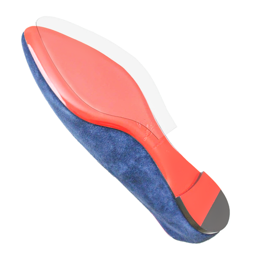 The image features the iconic Christian Louboutin shoe, with its red sole and blue suede upper on display upside down. Use the Christian Louboutin Round Flats Sole Guard 3 Pack to protect its signature look.