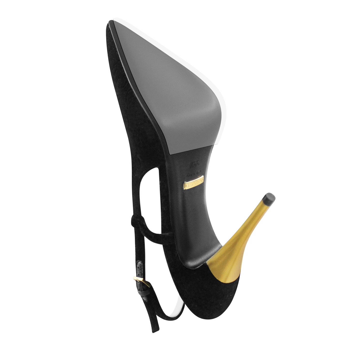 The Gucci High Heel Pump Sole Guard is a black velvet shoe with a slim gold metal stiletto heel and exquisite leather soles, capturing the iconic style, as viewed from below.