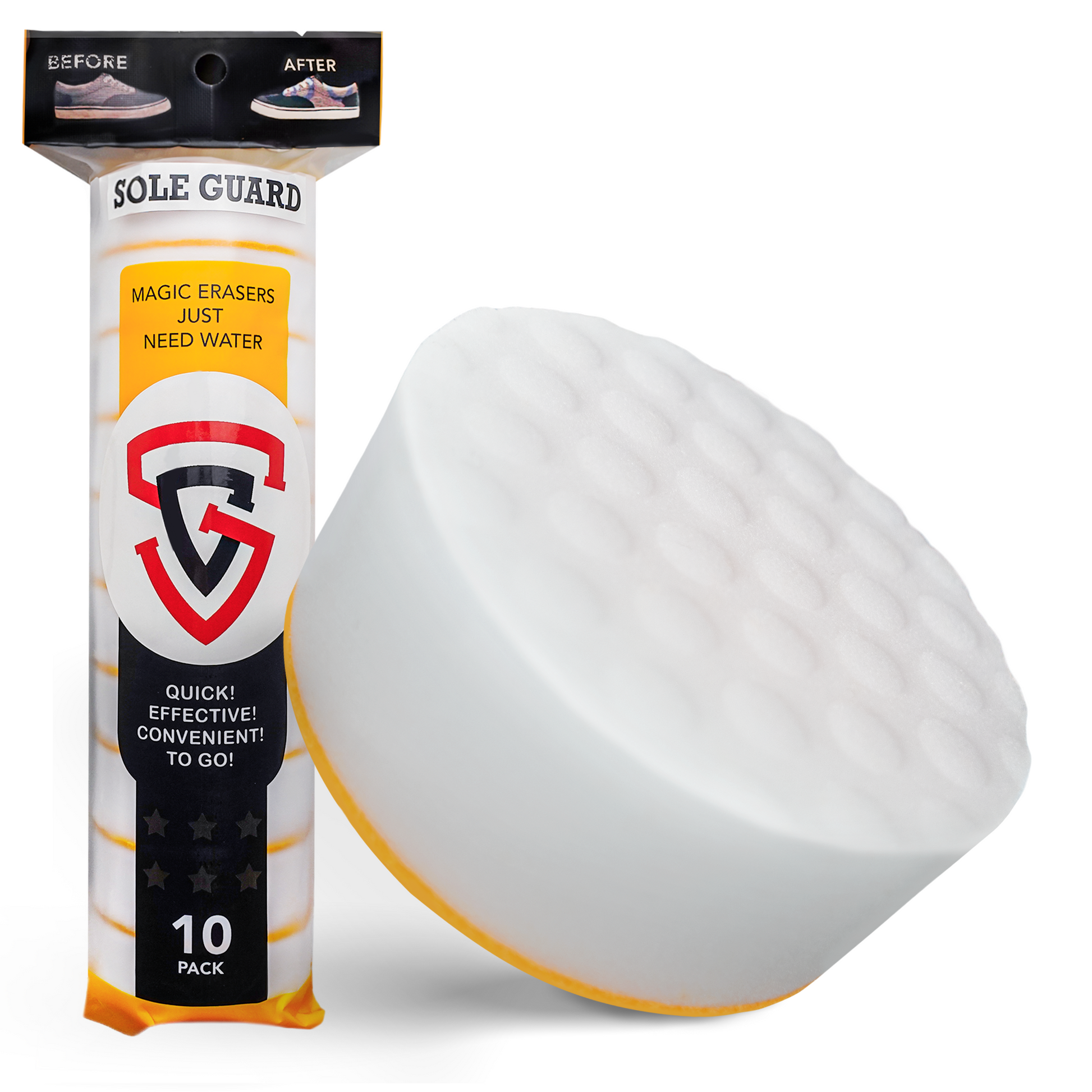 White round Sole Guard Sneaker Eraser (Sponge), perfect for sneaker care, with packaging displaying its shoe-cleaning power through a before-and-after image.