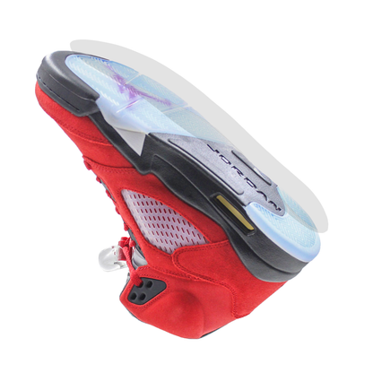 A red high-top sneaker with black and transparent accents is shown sole-up against a white background. Its Jordan 5 Sole Guard features an ultra-durable Vinyl Polymer for enhanced protection.