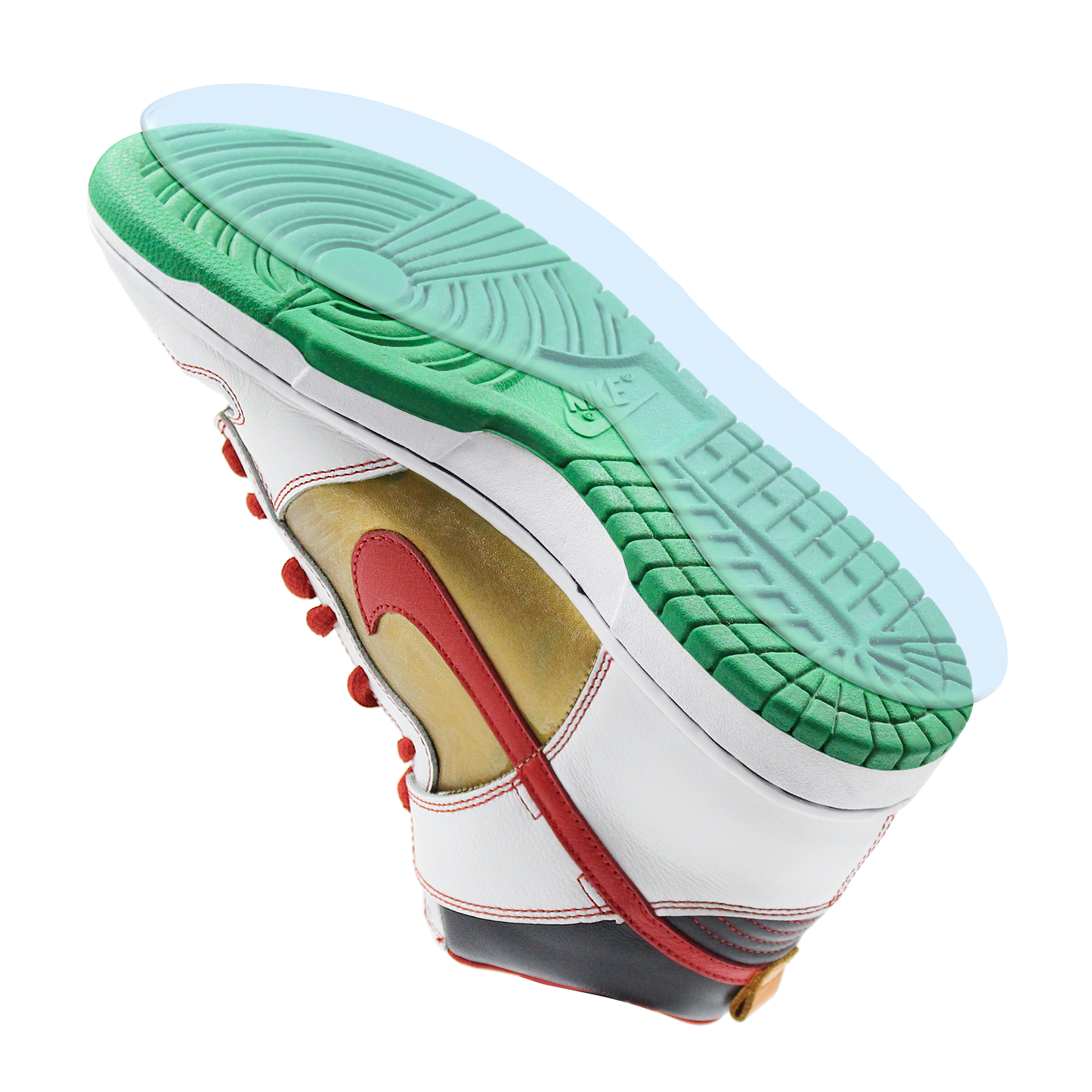 The Nike SB Dunk Sole Guard is viewed from below, highlighting its red swoosh and green sole with a detailed tread pattern—a true nod to sneaker culture that every sneakerhead would appreciate.