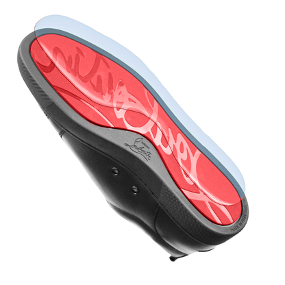 Christian Louboutin Sneaker, featuring a red sole and visible brand logo, protected by a Sole Guard, viewed from the bottom.