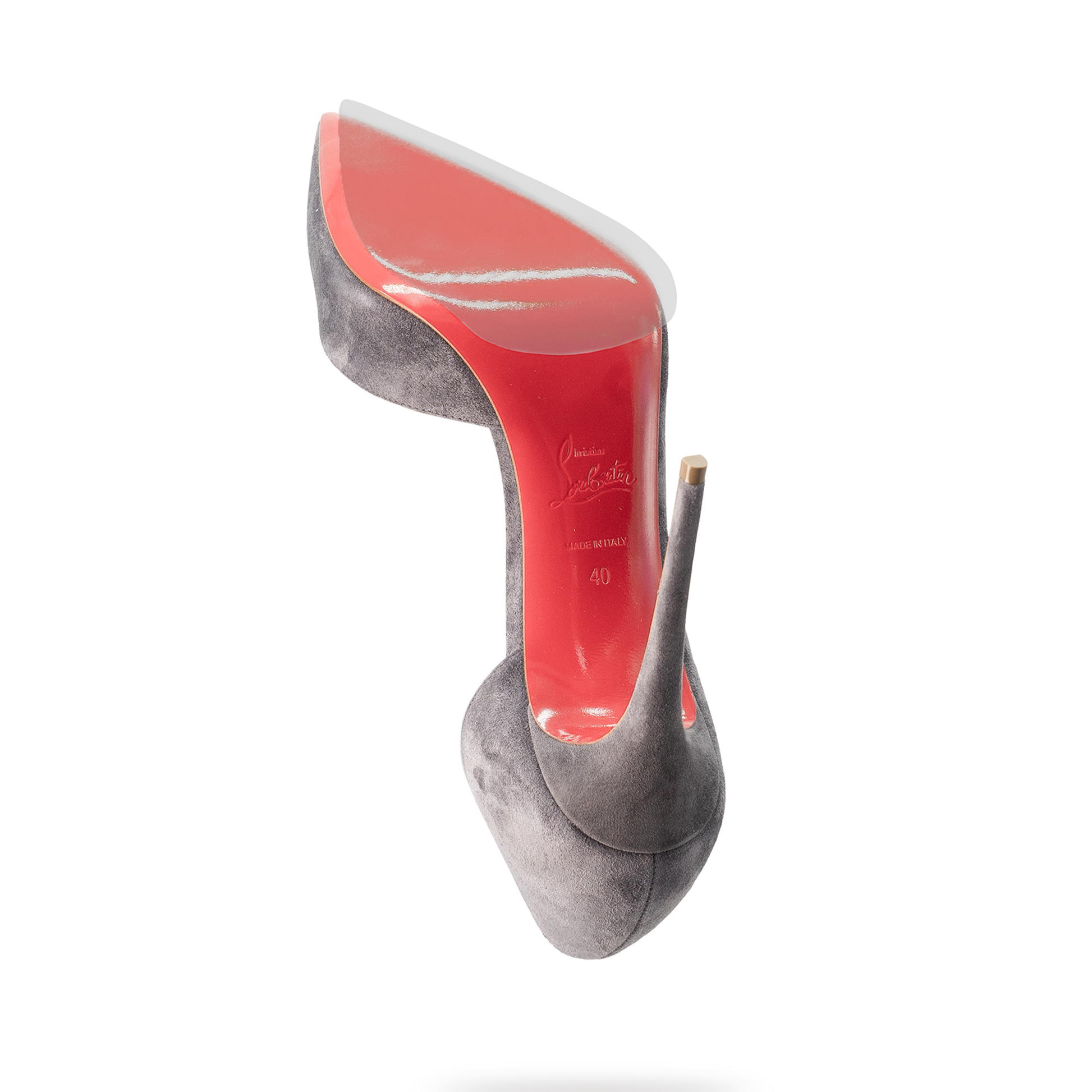 Christian Louboutin's Sole Guard 3 Pack features a gray high heel shoe with a bright red sole, reminiscent of iconic Louboutins, set against a white background.