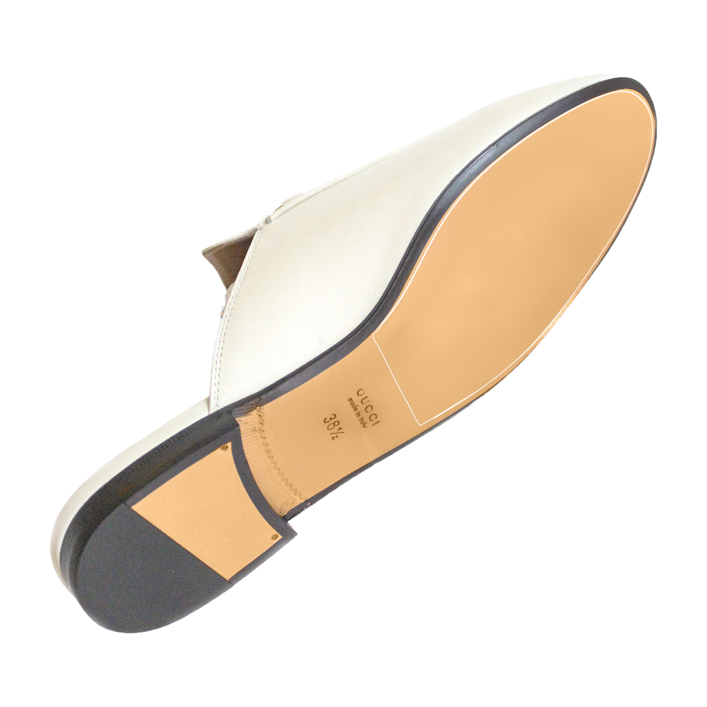 The Gucci Princetown Sole Guard 3 Pack includes a white leather loafer with a tan sole and black heel, made with ultra-durable Vinyl Polymer for enhanced durability.