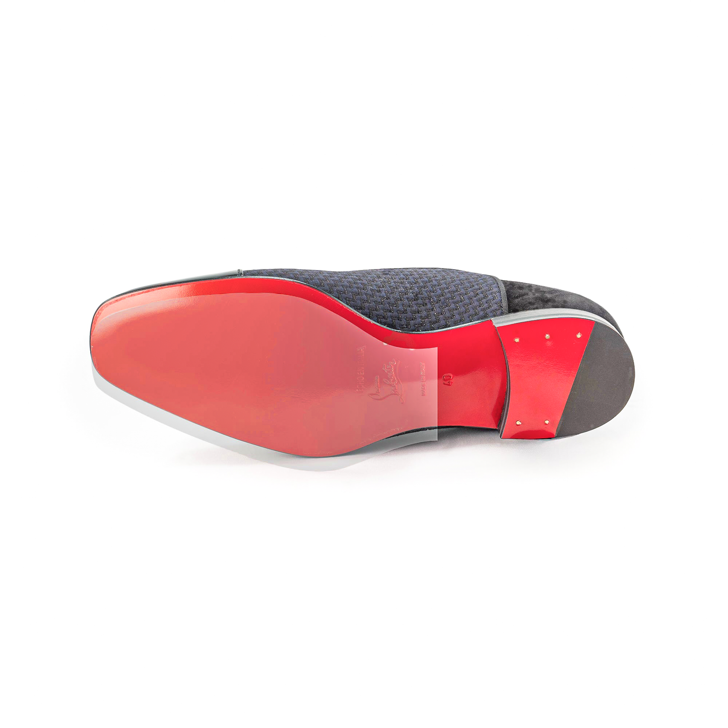 The bottom view of a shoe with a glossy red sole evokes Christian Louboutin's signature, paired with black and gray checkered fabric on top, similar to the Christian Louboutin Oxfords Sole Guard.