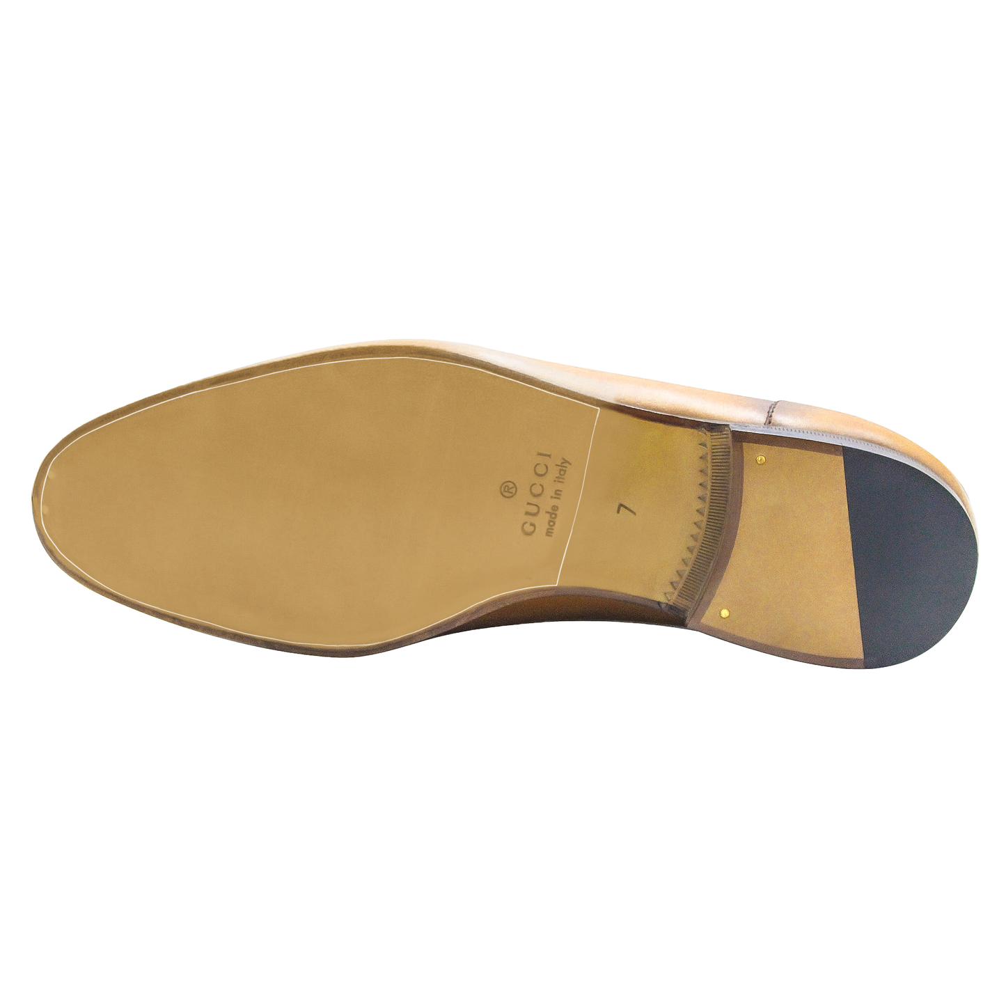 The tan leather Gucci loafers, elegantly stamped with "Gucci Made in Italy," have a meticulously crafted sole ideal for adding the Sole Guard Protectors from the Gucci Loafers Sole Guard 3x Pack to ensure lasting protection.