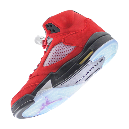 The Jordan 5 Sole Guard features a red design with a translucent sole, mesh sides, and visible air unit, enhanced by ultra-durable Vinyl Polymer for superior sneaker protection.