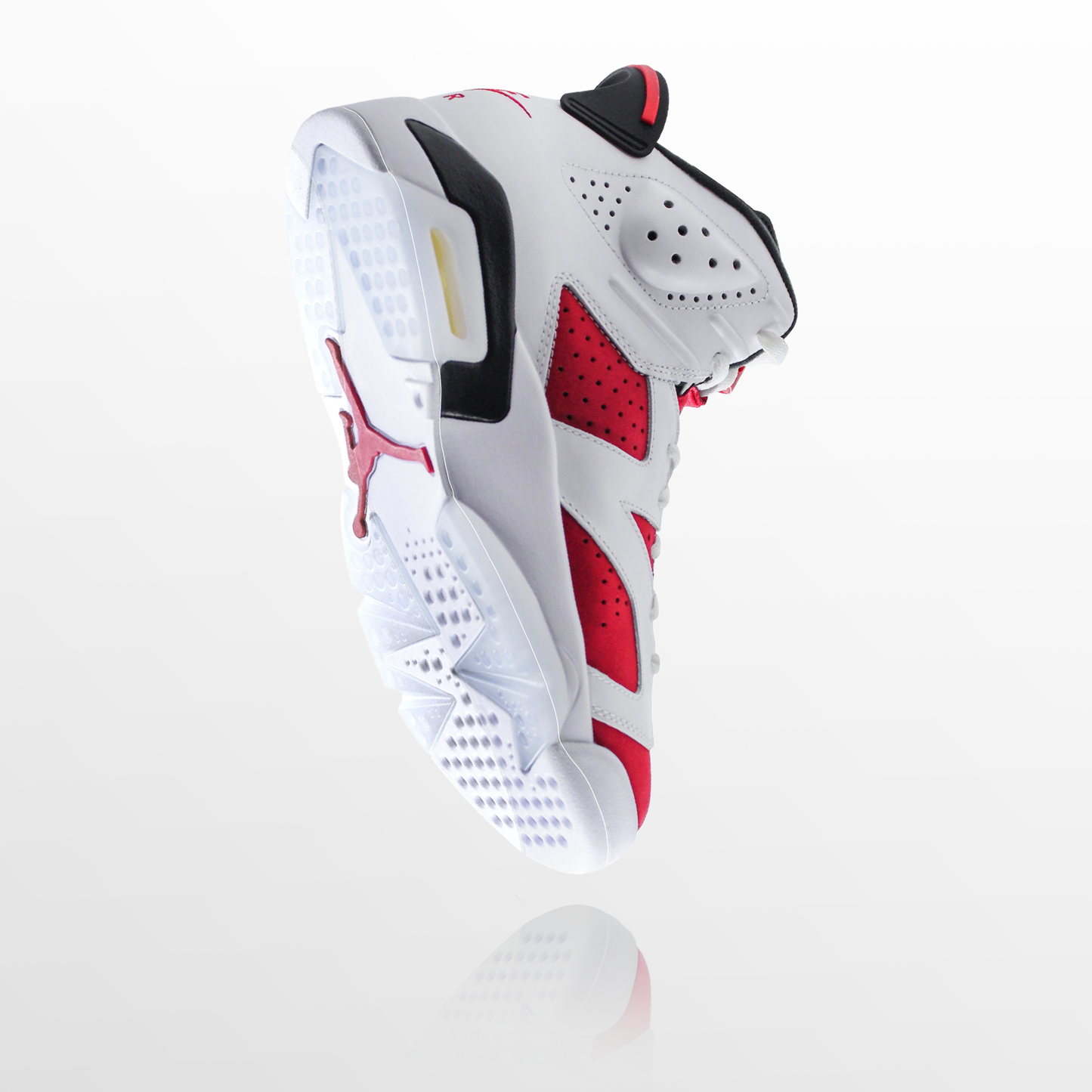 The Jordan 6 Sole Guard, a white and red high-top sneaker with perforated and smooth panels resembling a classic design, is shown with its sole forward.