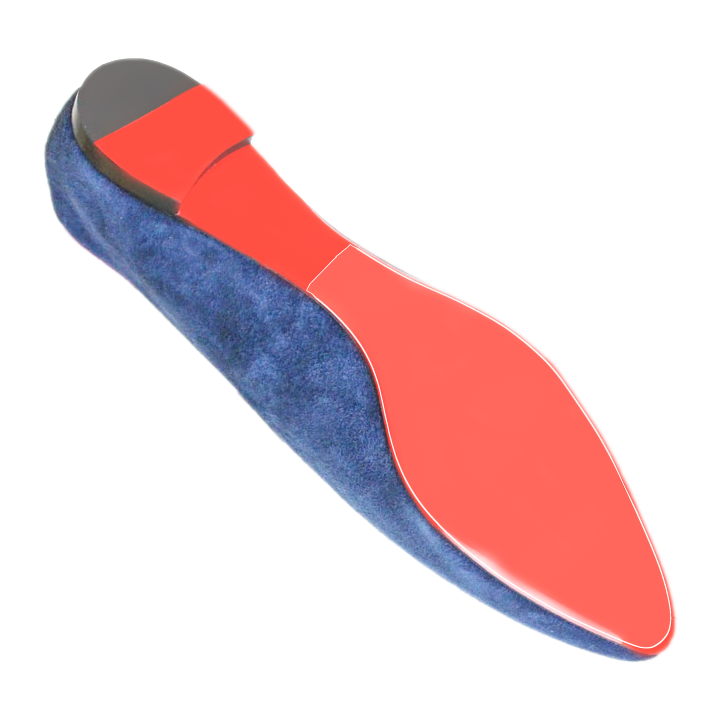 A Christian Louboutin Round Flats Sole Guard 3 Pack showcases a blue shoe with a bright red sole, viewed from the bottom at an angle, echoing the brand's iconic design.