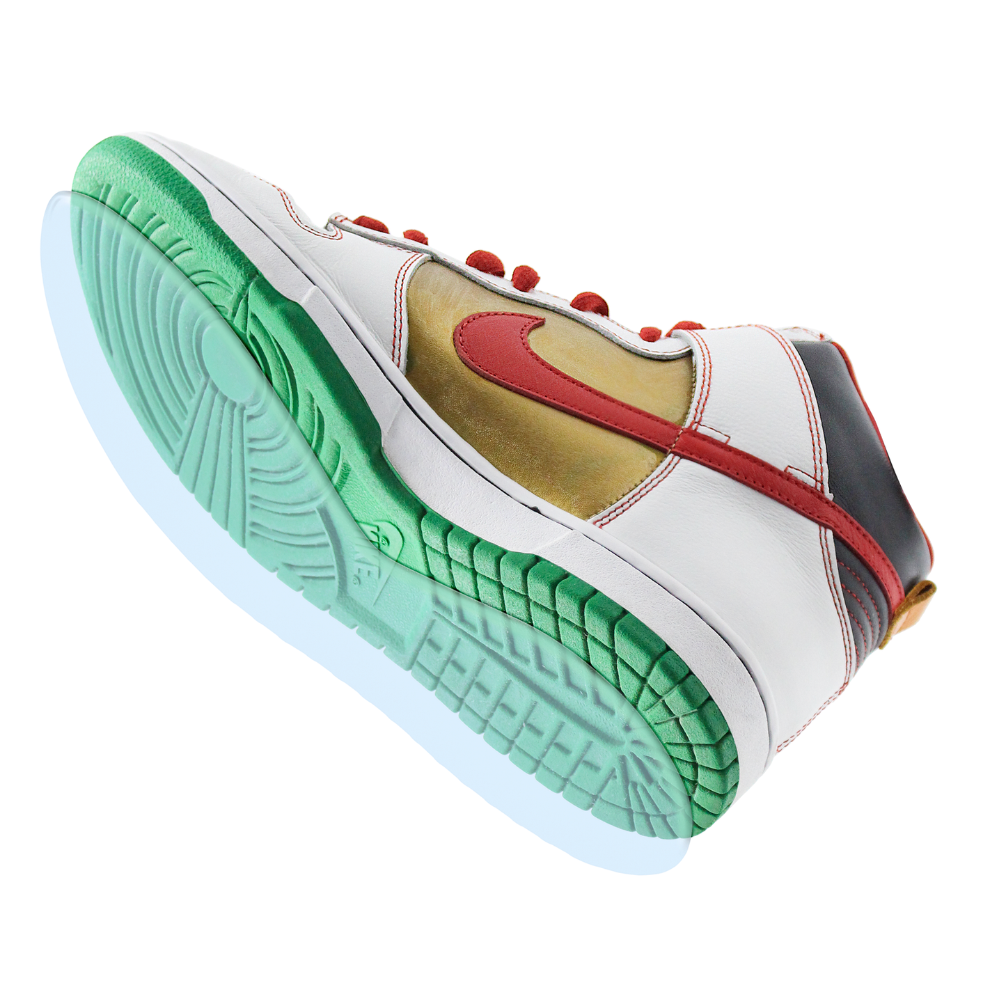 The Nike SB Dunk Sole Guard is a true gem for sneakerheads, featuring a red and white design with a green sole and gold accents, viewed from the bottom.