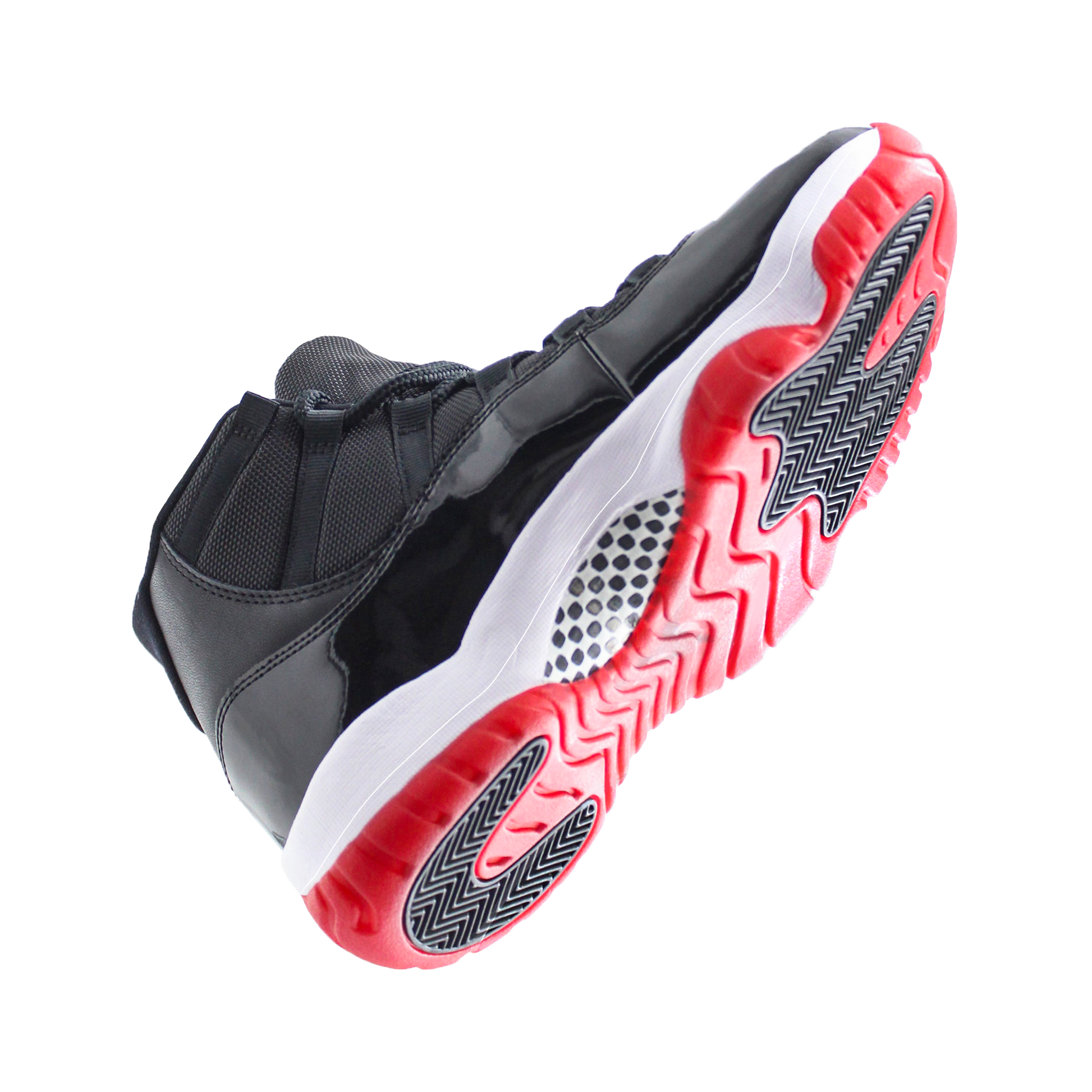 Black and red athletic sneaker, echoing iconic Jordan 11s, features a white midsole and detailed tread pattern from the sole angle. For optimal sneaker preservation, consider using the Jordan 11 Sole Guard.