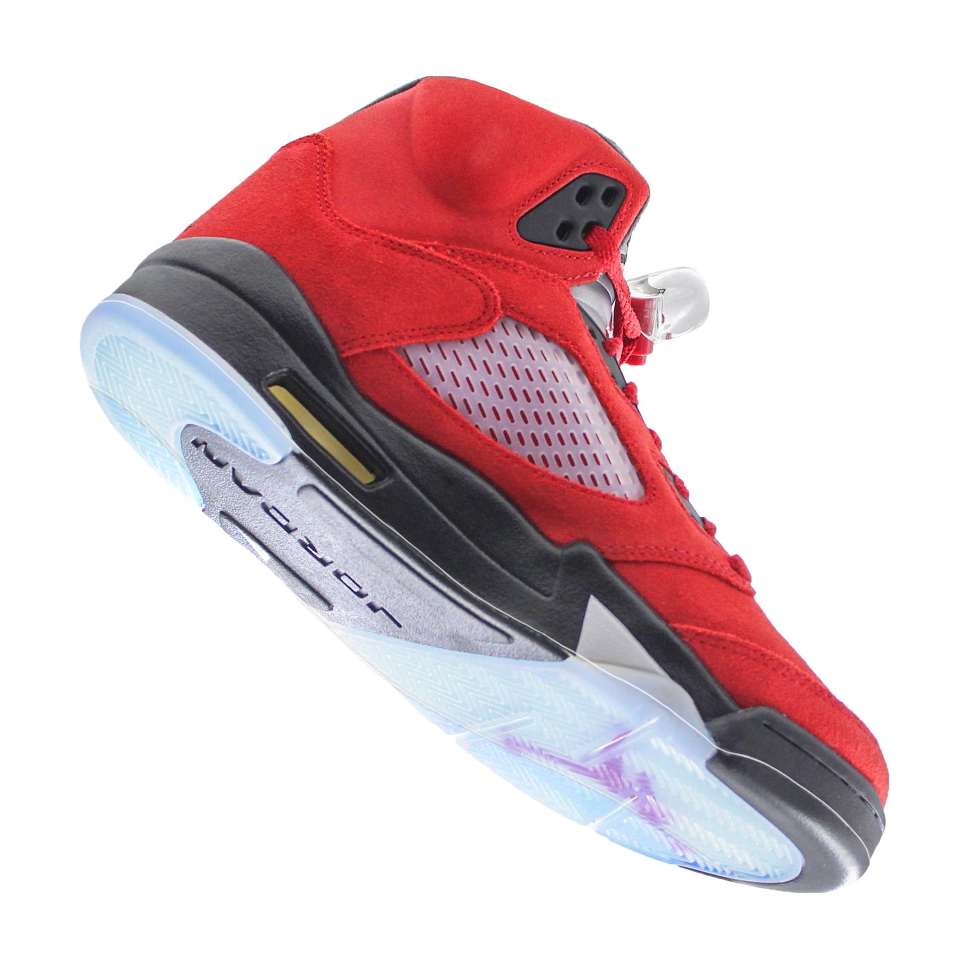 The Jordan 5 Sole Guard is a red and black athletic shoe with a visible air sole, translucent outsole, and ultra-durable Vinyl Polymer for enhanced sneaker protection. It is showcased at an angled view.