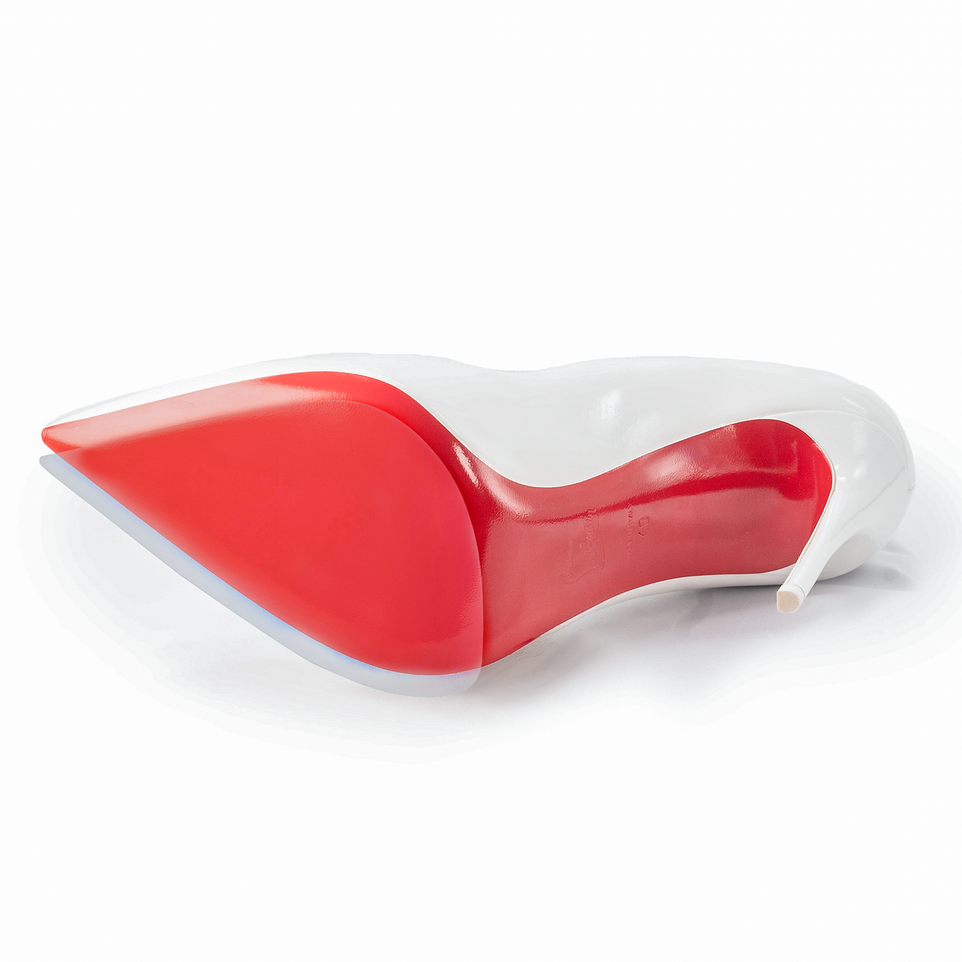 Christian Louboutin Sole Guard 3 Pack for white high-heeled shoes, highlighting the iconic red sole from the bottom view.