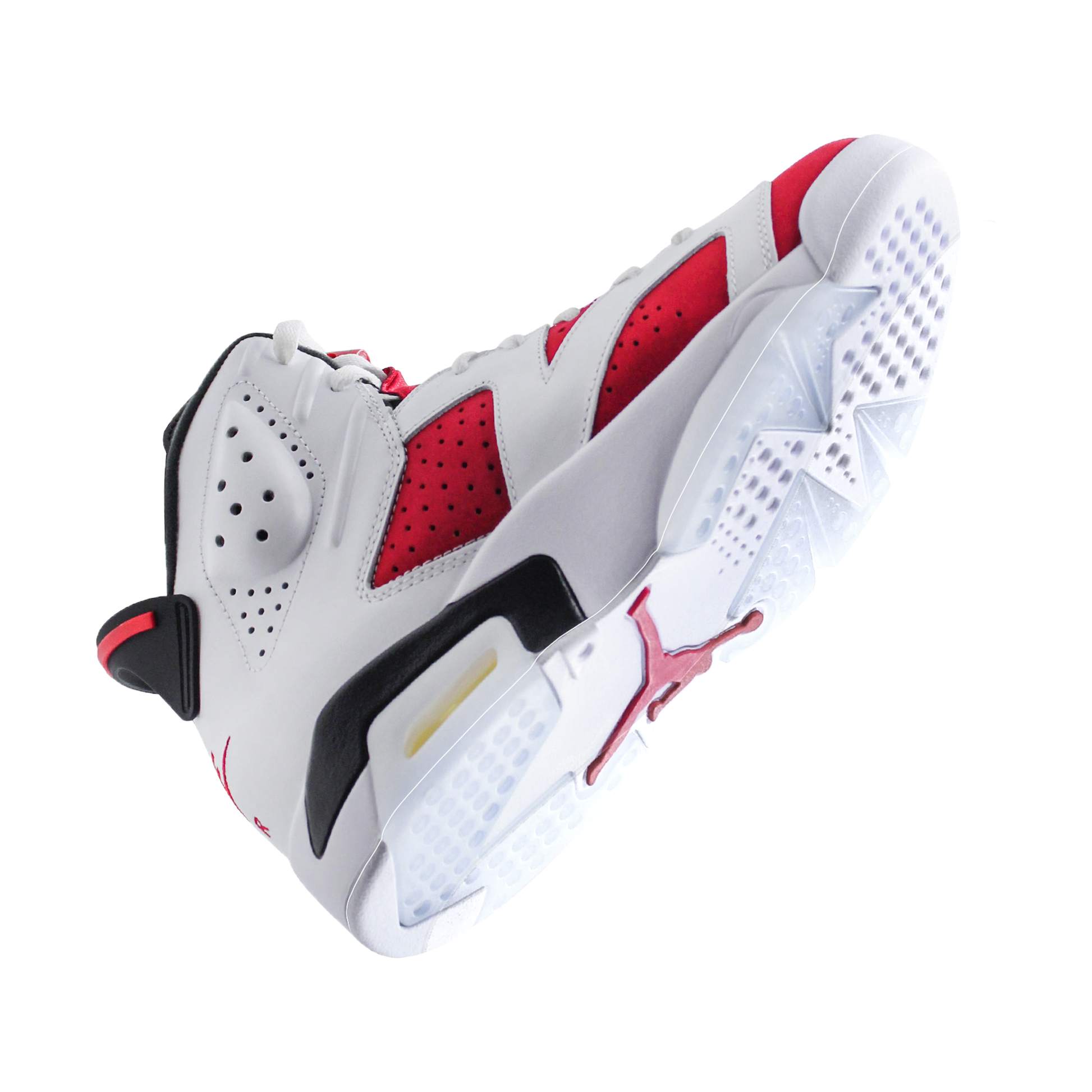 The Jordan 6 Sole Guard sneaker is styled in white and red with black accents and boasts a durable vinyl polymer sole protector, displayed from a low angle against a white backdrop.