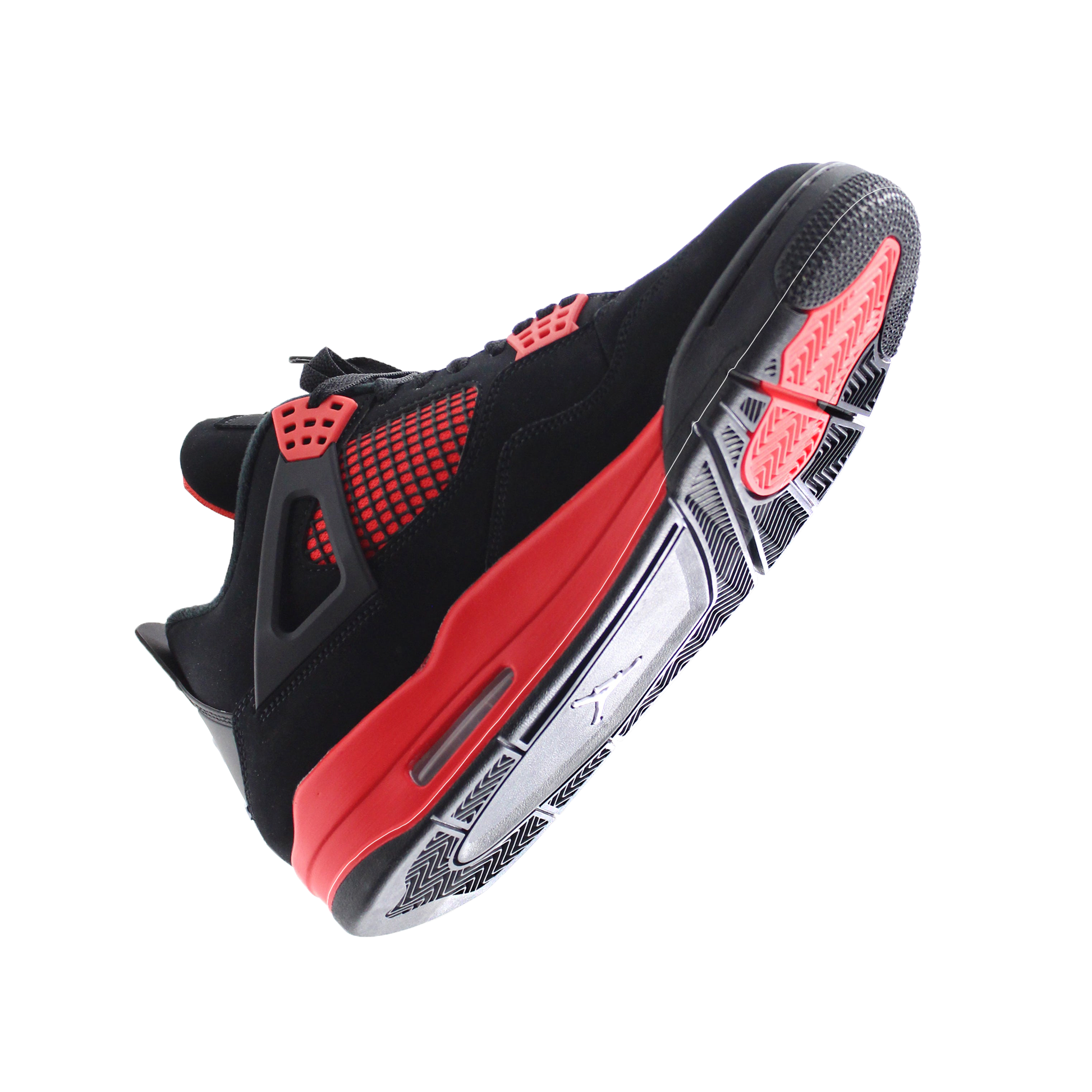 The Jordan 4 Sole Guard is a stylish black and red sneaker with a prominent sole and red accents, viewed from the side against a white background. Inspired by the iconic Jordan 4s, it provides flair and durability.