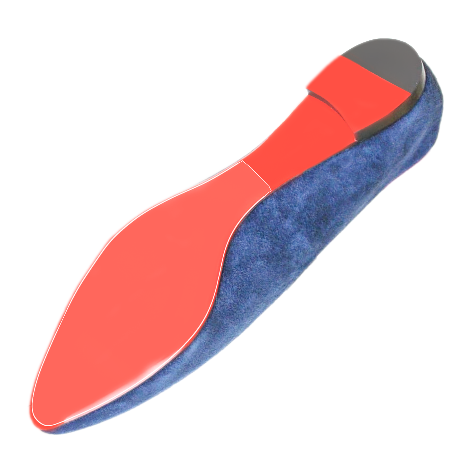 The Christian Louboutin Round Flats Sole Guard 3 Pack features a blue suede design with a bright red sole and dark heel, evocative of Louboutin's iconic style.