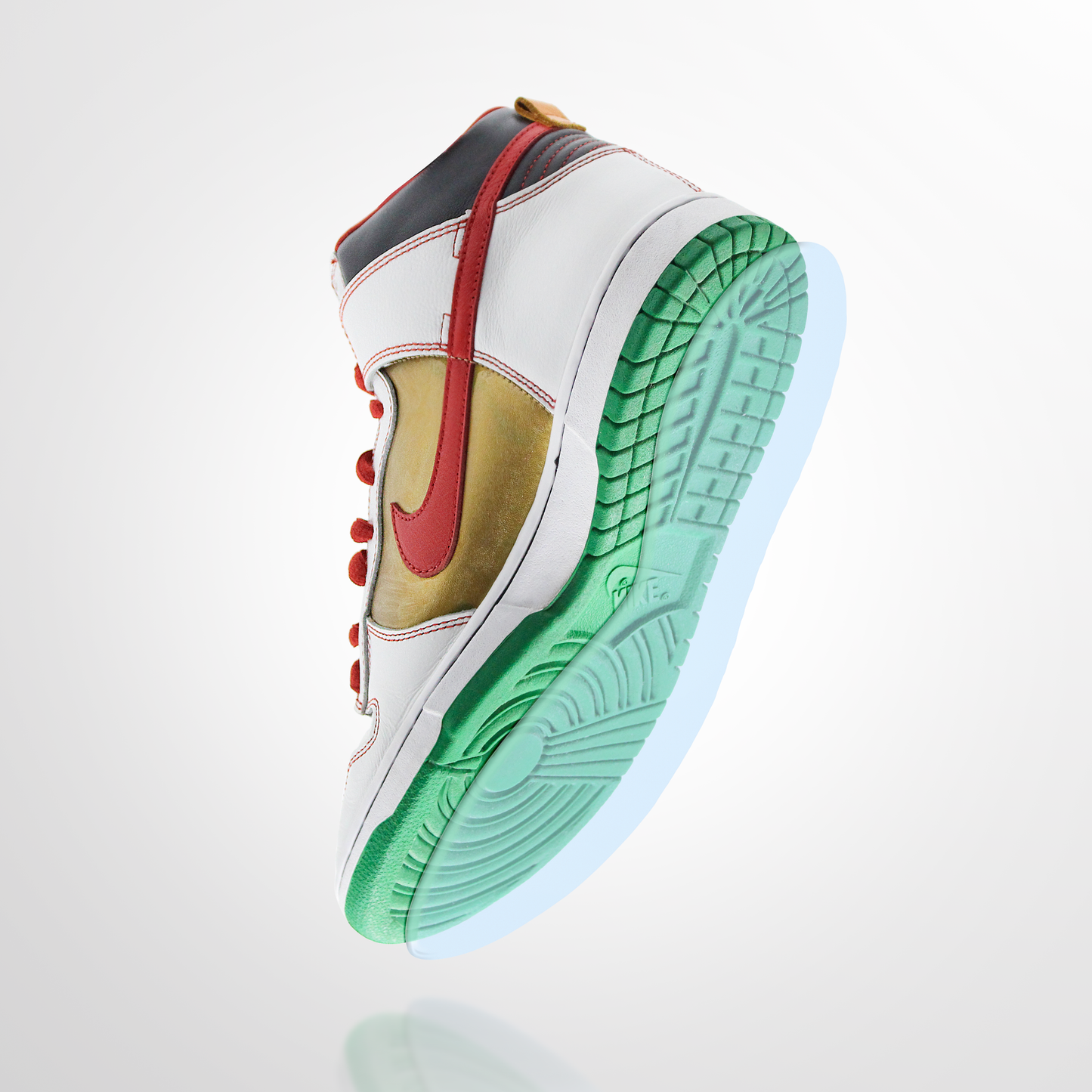 A Nike SB Dunk Sole Guard high-top sneaker, featuring a red swoosh, green sole, and white body, leans against a light background, embodying the spirit of sneaker culture for true enthusiasts.